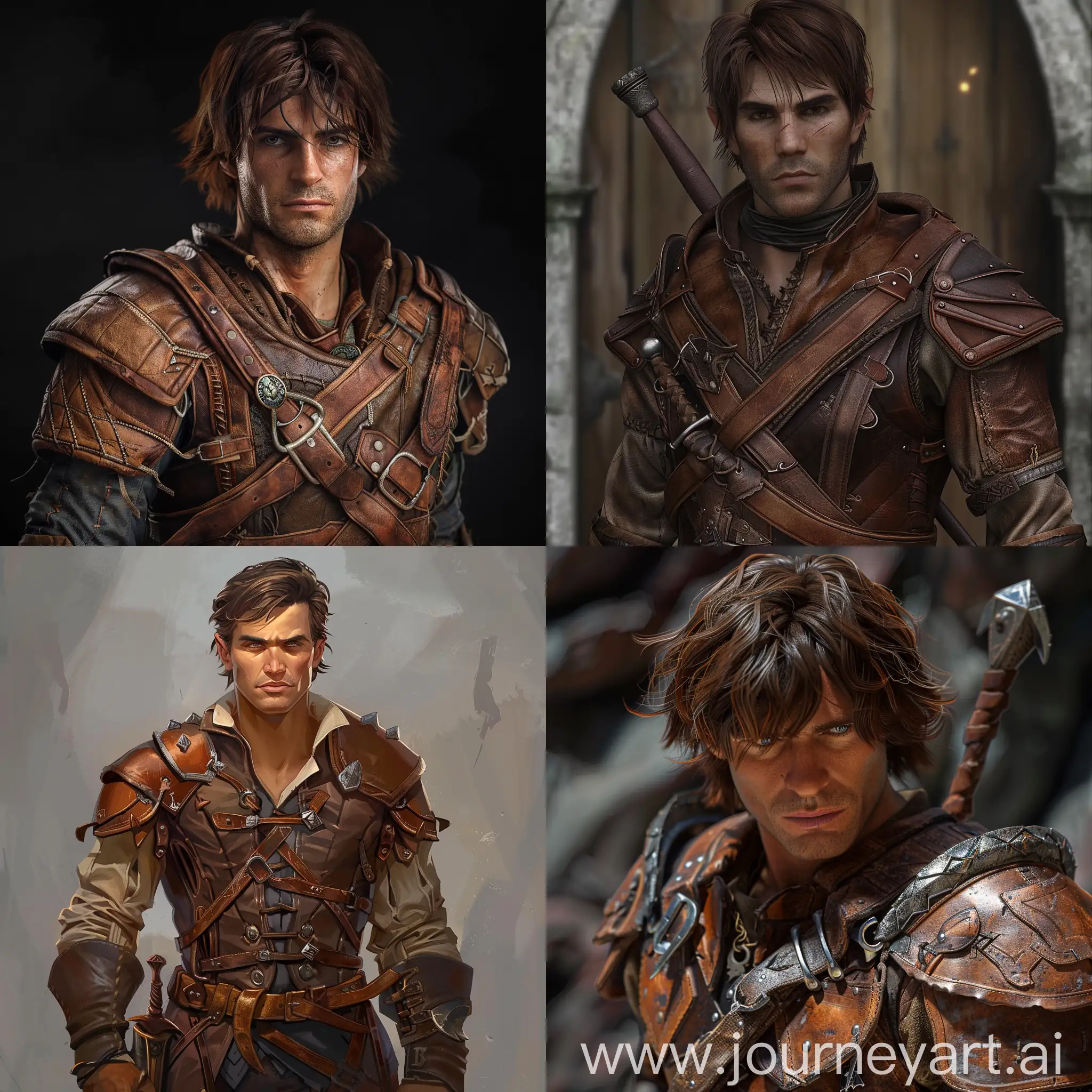 create a human rogue with brown hair, leather armour, and who obviously things very highly of himself