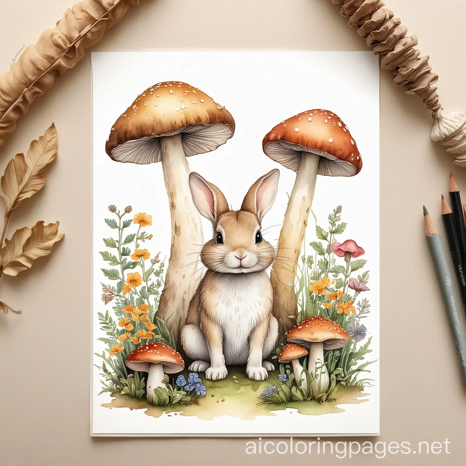 Vintage mushroom and bunny watercolor illustrations, Coloring Page, black and white, line art, white background, Simplicity, Ample White Space. The background of the coloring page is plain white to make it easy for young children to color within the lines. The outlines of all the subjects are easy to distinguish, making it simple for kids to color without too much difficulty