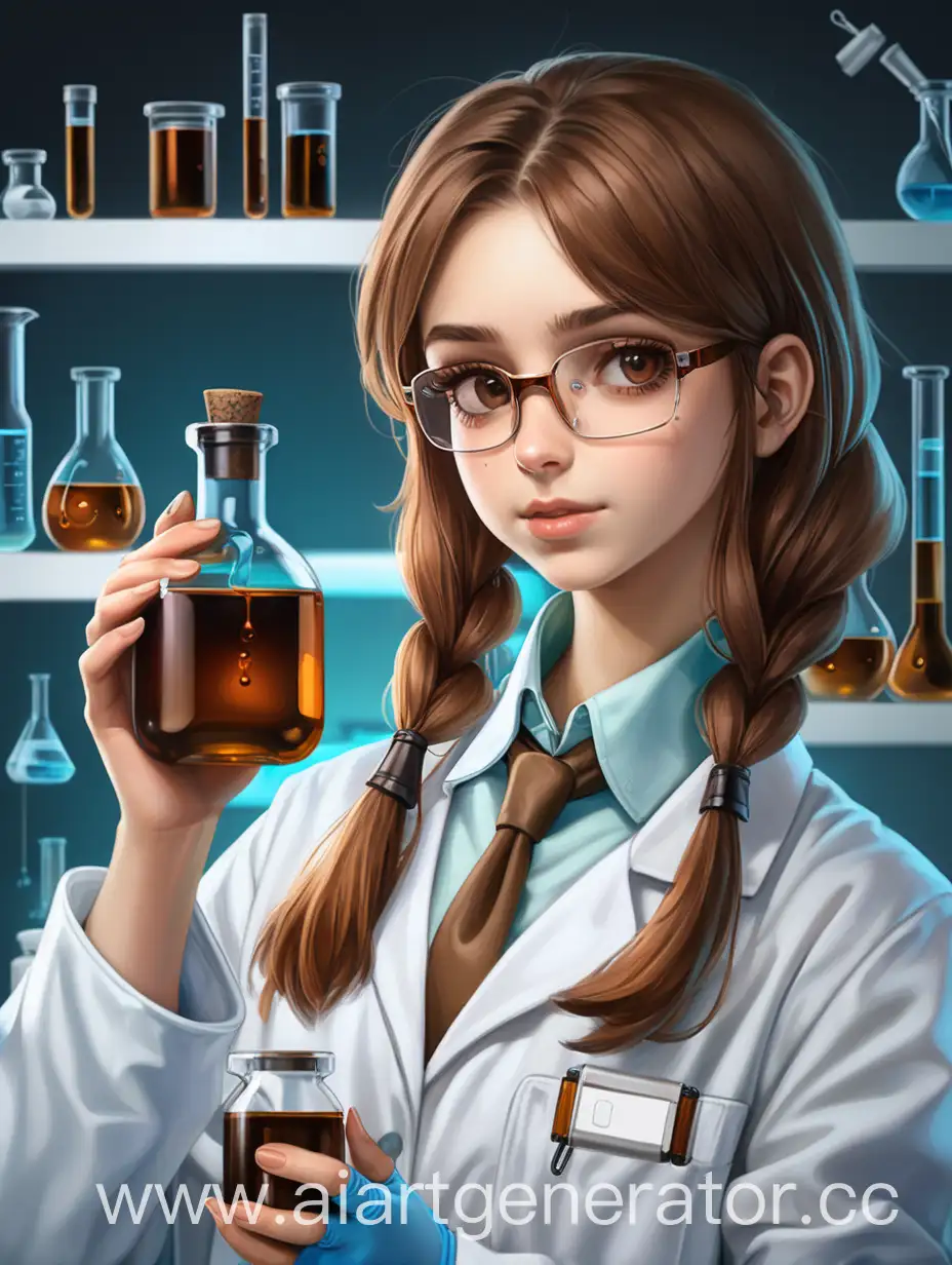 девушка с коричневыми завязанными волосами, лаборант, держит колбу с зельем