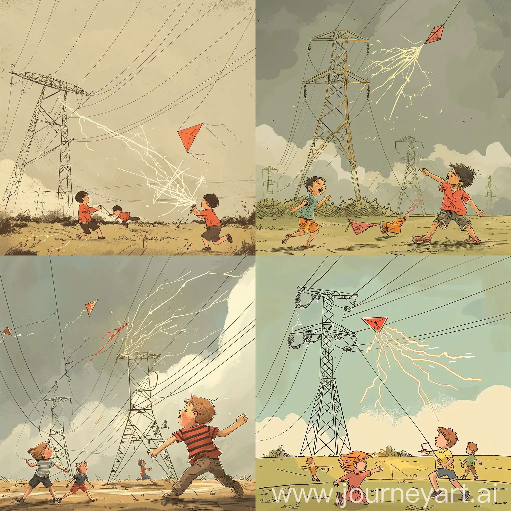 卡通风格,儿童在输电线路杆塔下放风筝,风筝触碰到输电线路杆塔的电线产生电火花,另一个儿童跑向触电儿童