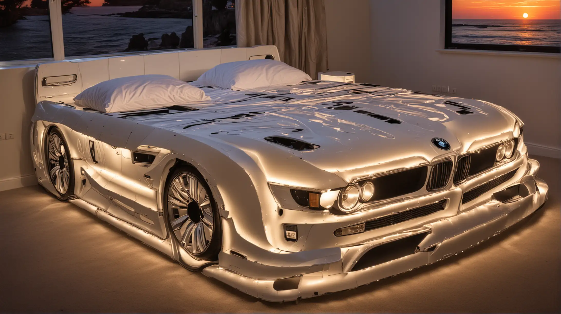 Luxury Double Bed Shaped Like a BMW Car with Illuminated Headlights and Sunset Imagery