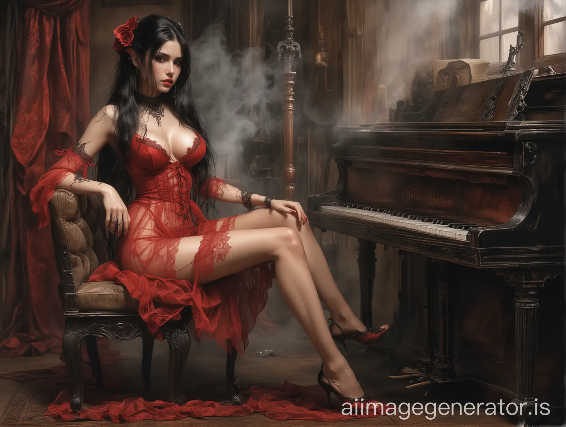 luis royo art style, inviting, seduction pose  translucent  sheer-lace red;   bare legs barefoot,  with long black hair in  victorian era style tavern, air filled with smoke, sitting by the piano