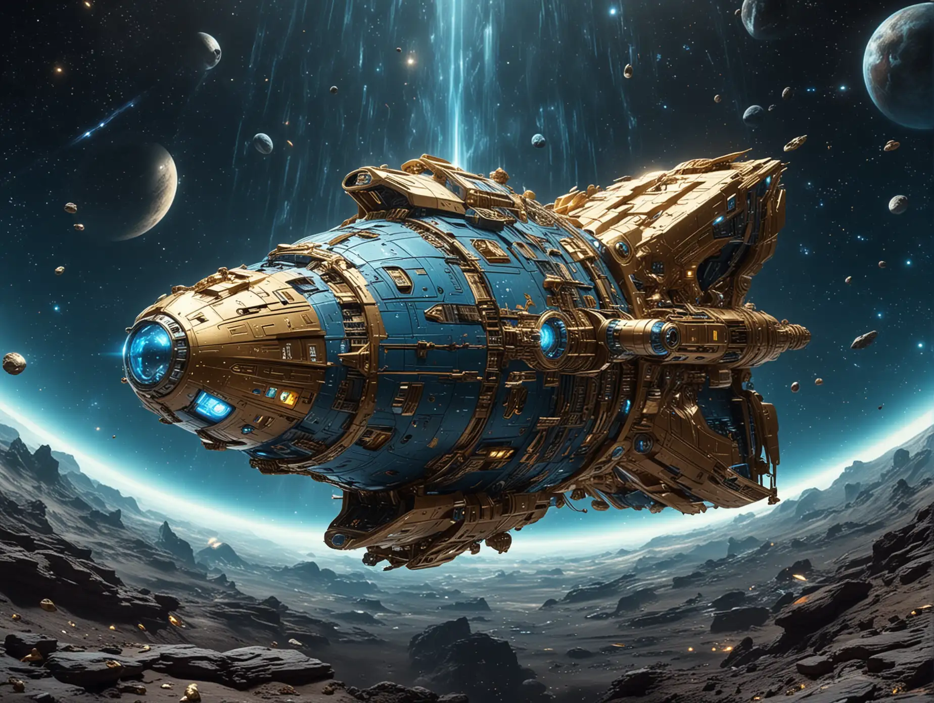A futuristic Blue-golden big spaceship filled with many resources and gold. the background is in the space.