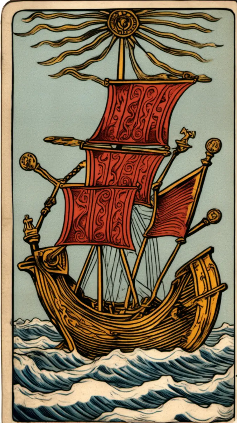 A Tarot card from the Marseille deck depicts the Chariot as a ship made of red bricks with four kings inside, the ship's bow holds the head of a donkey as a carved wooden decoration, as waves in the sea form a spiraling trajectory.