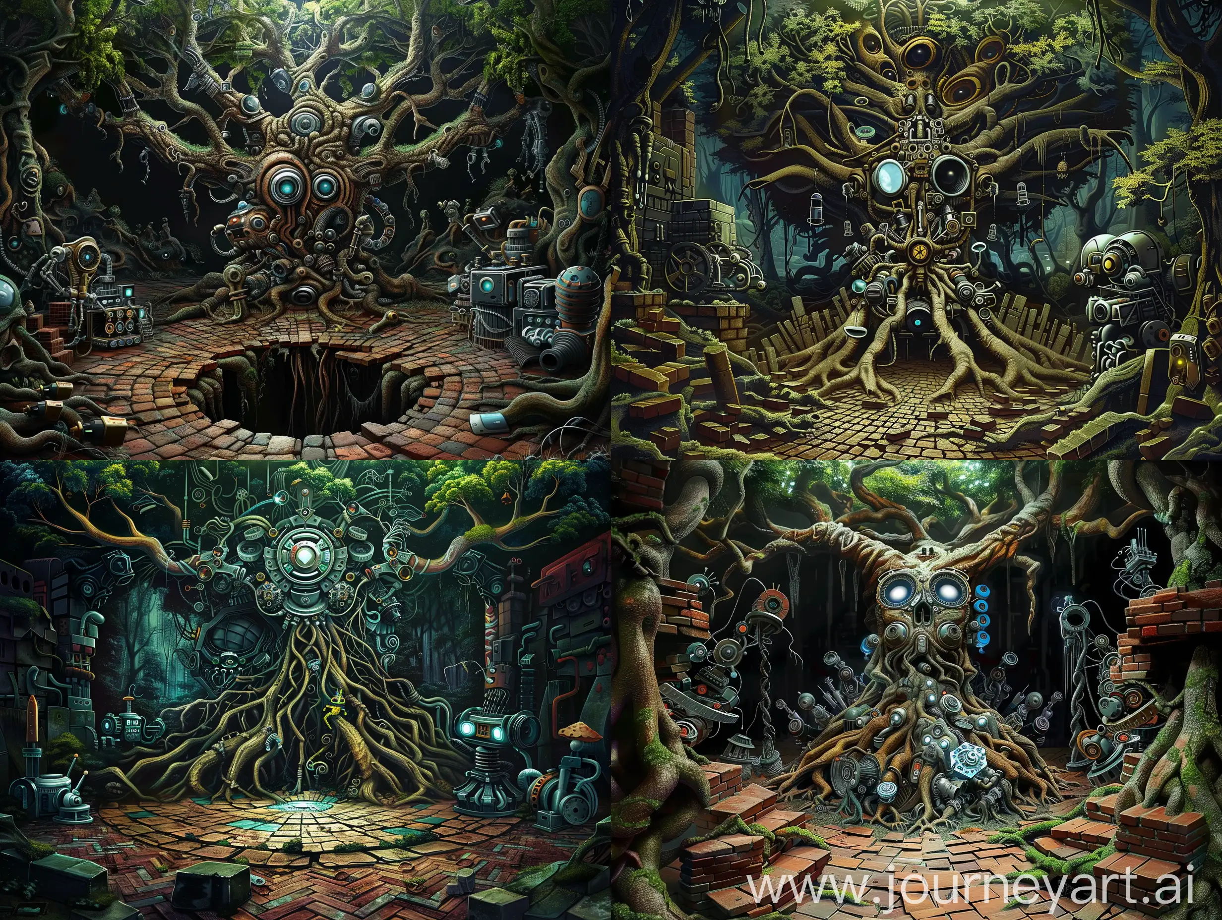 Psychedelic-Dark-Forest-World-with-Root-Creatures-and-Robots