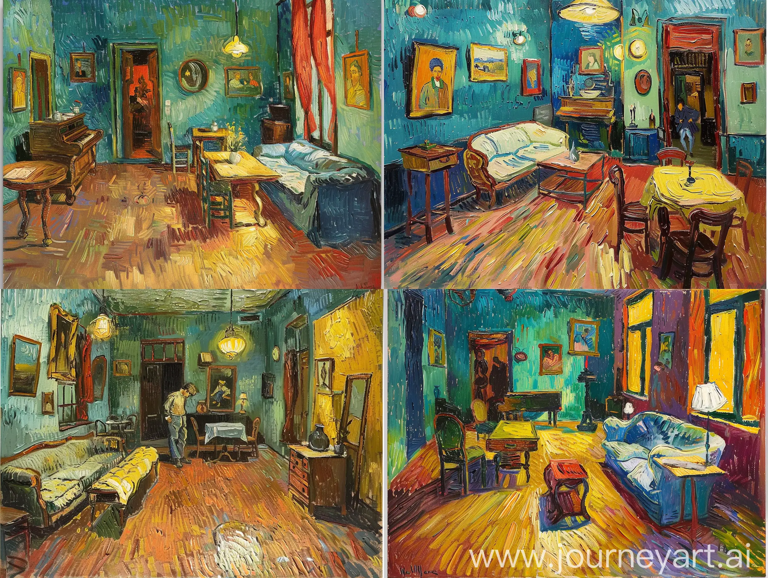 oil painting of a living room in van gogh style
