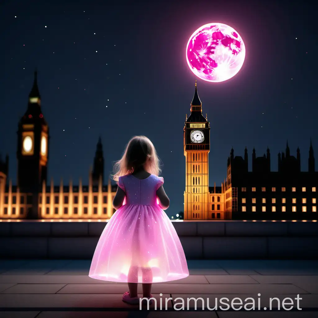 3D 8k minimal realstic illustrator minimal Big Ben in England London glittering and shinning with her glassy light dress little girl watching it at the midnight with pink moon