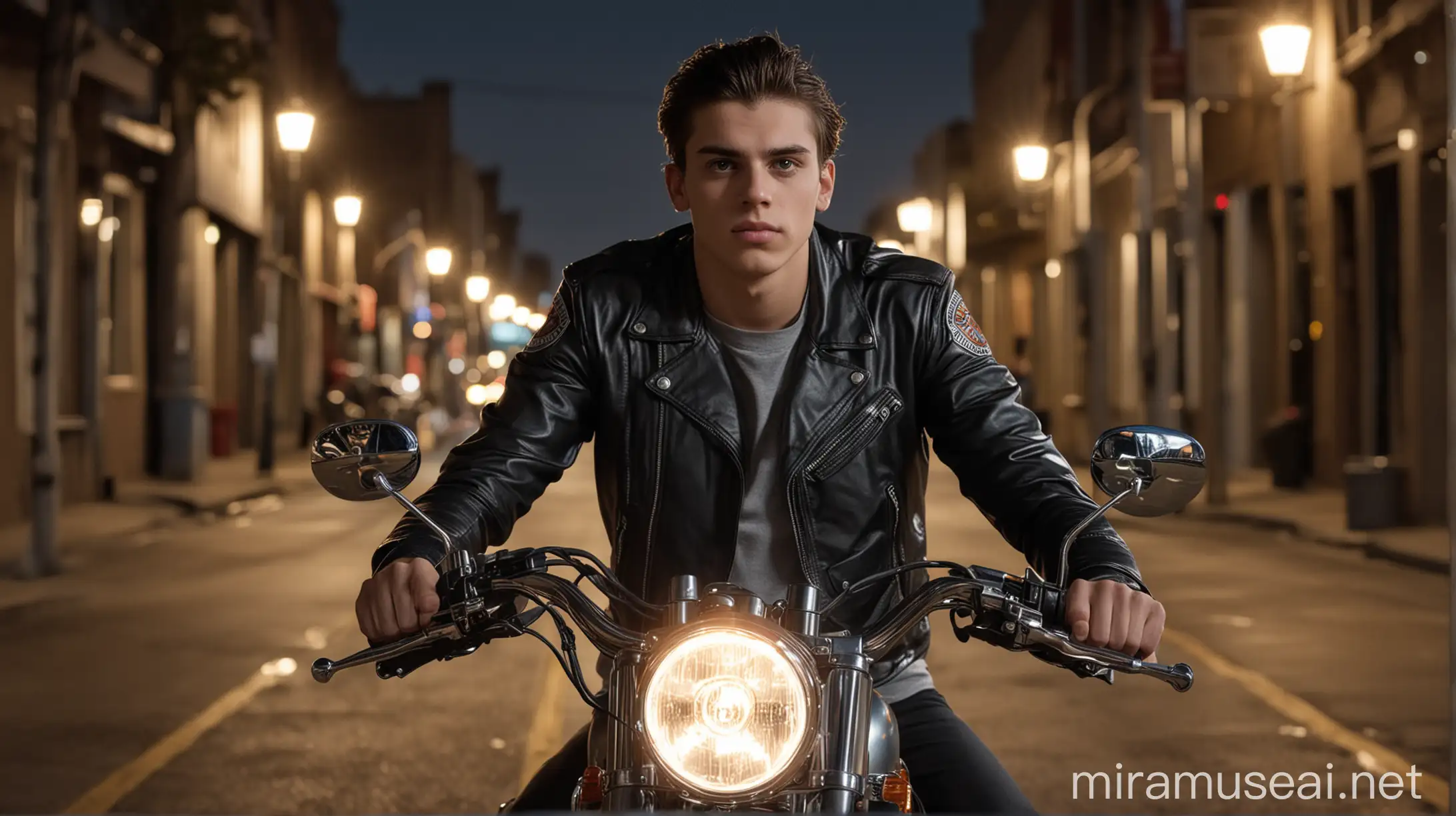 a young man wearing a black leather jacket and gray t-shirt riding a Harley Davidson motorbike facing the camera at night lit by street lights