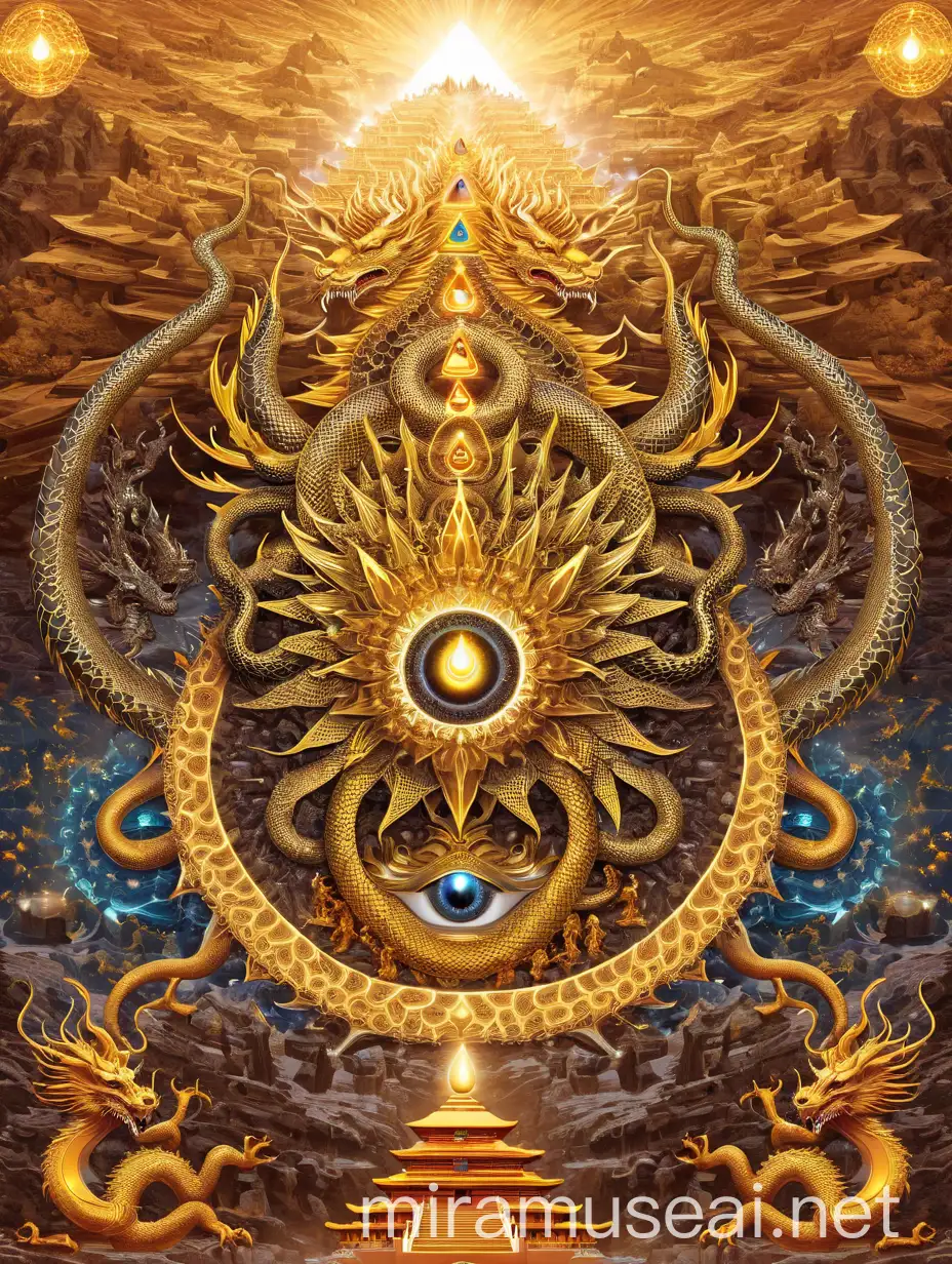 Fractal World Snake Dragon with Buddhas Third Eye in Illuminated Triangle Temple