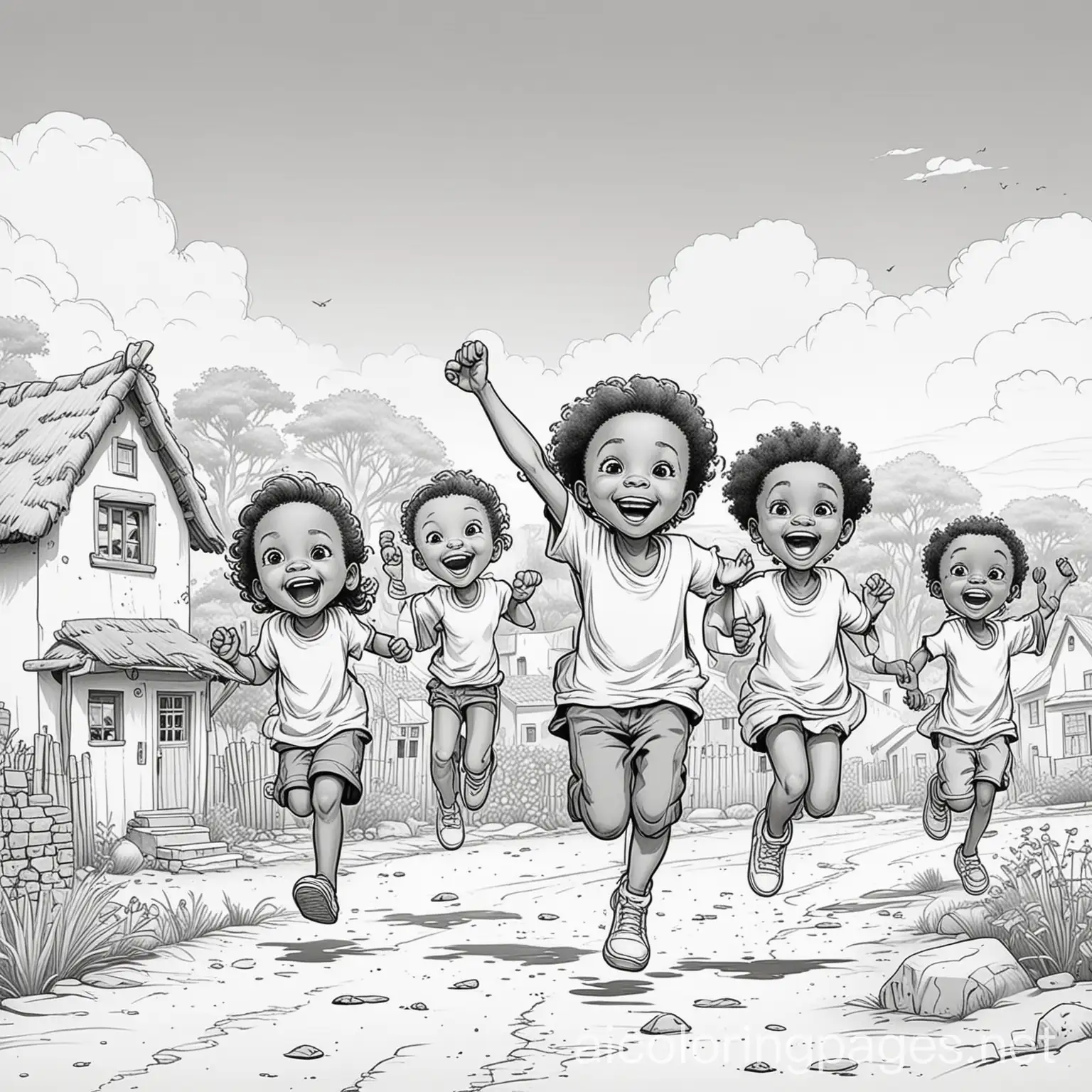 cartoon drawing of cute excited african children, with no skin colour, jumping up and down, with the village in the background, Coloring Page, black and white, line art, white background, Simplicity, Ample White Space. The background of the coloring page is plain white to make it easy for young children to color within the lines. The outlines of all the subjects are easy to distinguish, making it simple for kids to color without too much difficulty