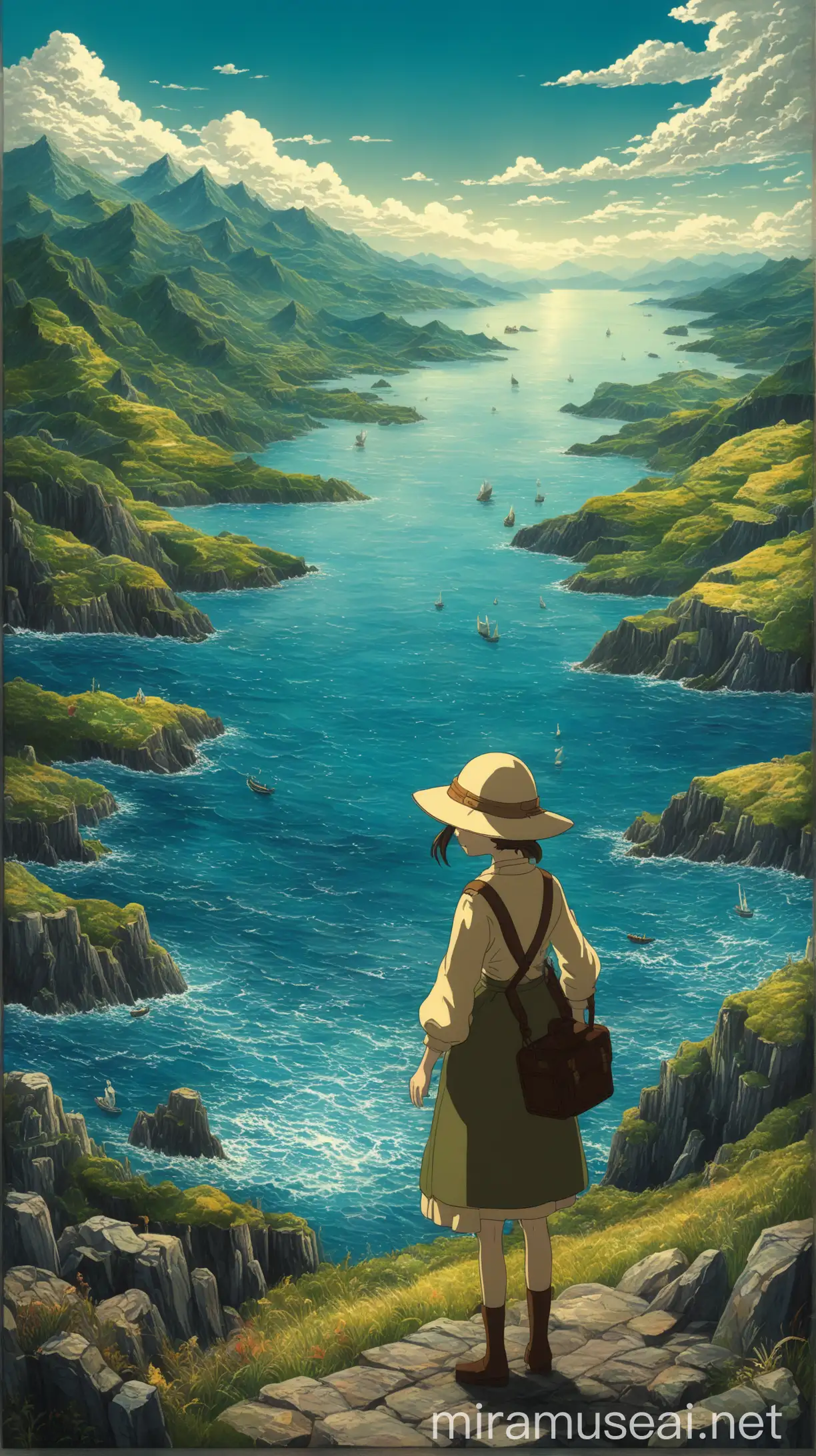 anime, girl, traveller,  with ocean and mountains, in the style of richly detailed genre paintings, animated film pioneer, naturalistic cityscapes