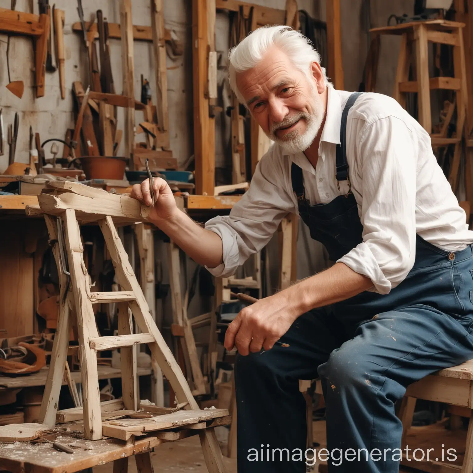 Hochformat: Ein alter mann mit weißen haaren, sitzt auf einem Werkzeugtisch und bastelt an einem kaputten Stuhl. Er ist seht glücklich und motiviert daran zu arbeiten.