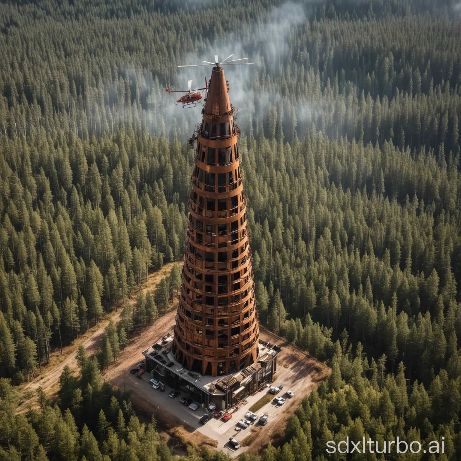 Rusted-Metal-Skyscraper-in-Forest-Helipad-Bushfire-Mood