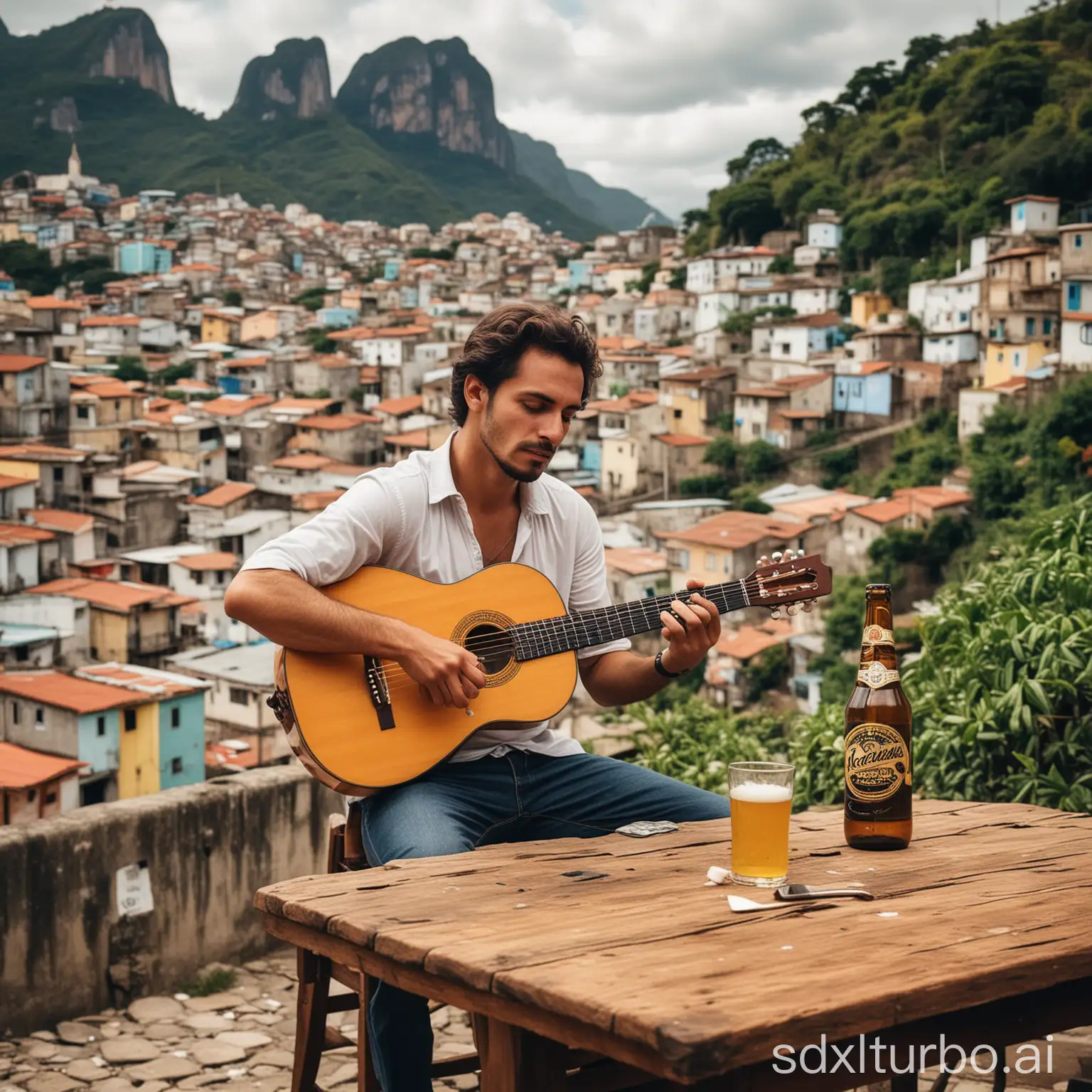 a poor guy playing samba on an Spanish guitar, an empty bottle of beer over the table, on the middle of a favela of Rio de Janeiro, poverty, Corcovado on the background