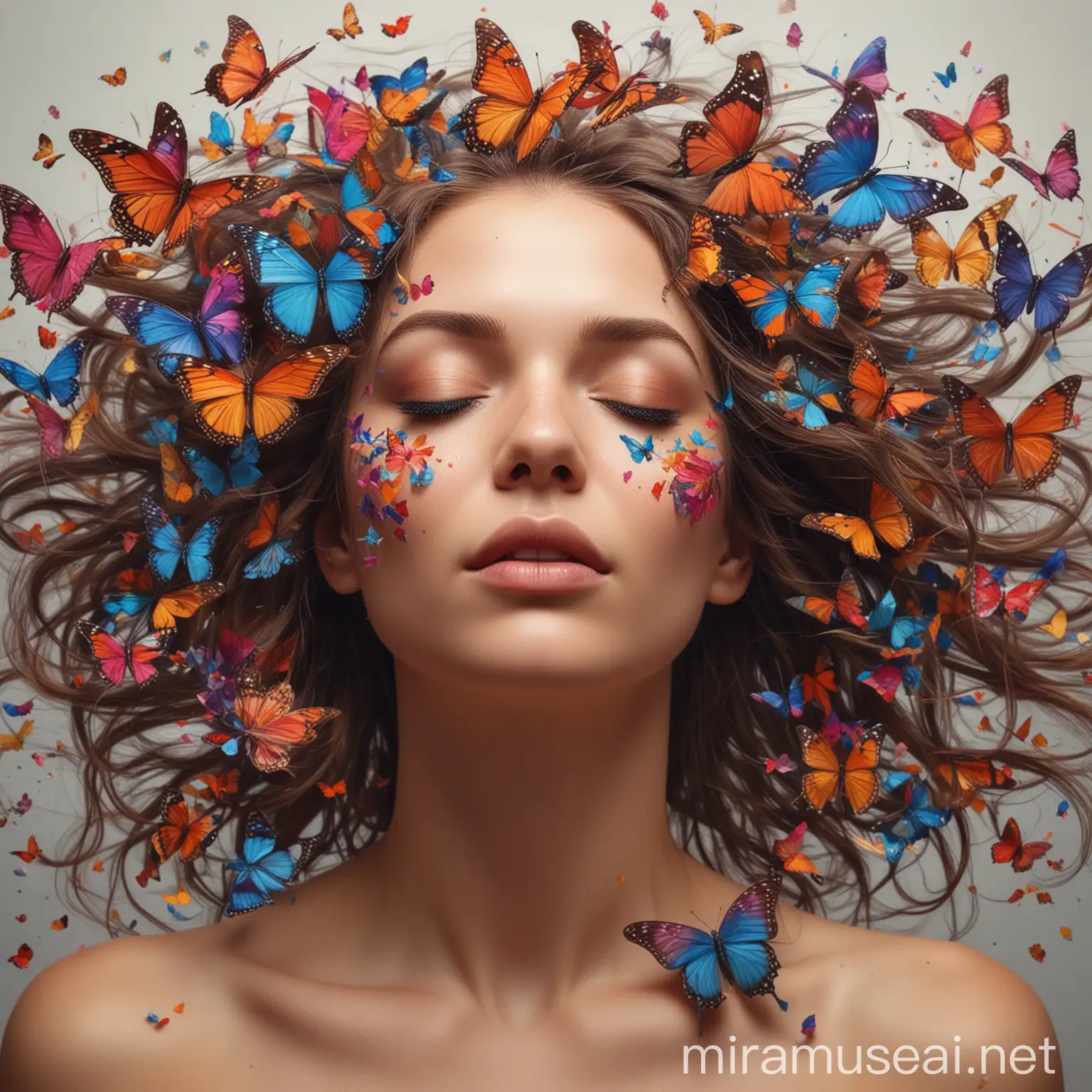 Empowering Women Serene Woman with Closed Eyes and Butterfly Adorned Hair