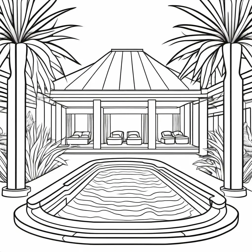 coloring pages for kids, luxury pool resort, clean line, white background