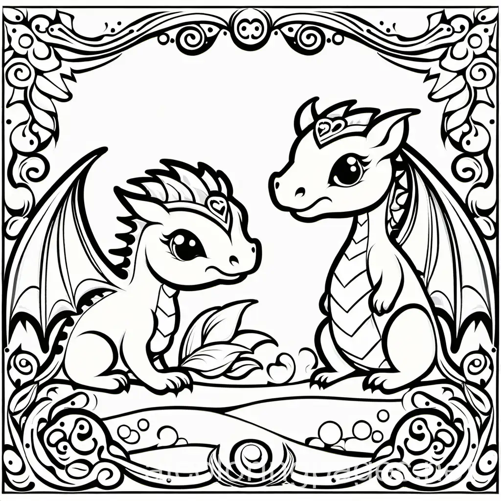 baby dragons, Coloring Page, black and white, line art, white background, Simplicity, Ample White Space. The background of the coloring page is plain white to make it easy for young children to color within the lines. The outlines of all the subjects are easy to distinguish, making it simple for kids to color without too much difficulty