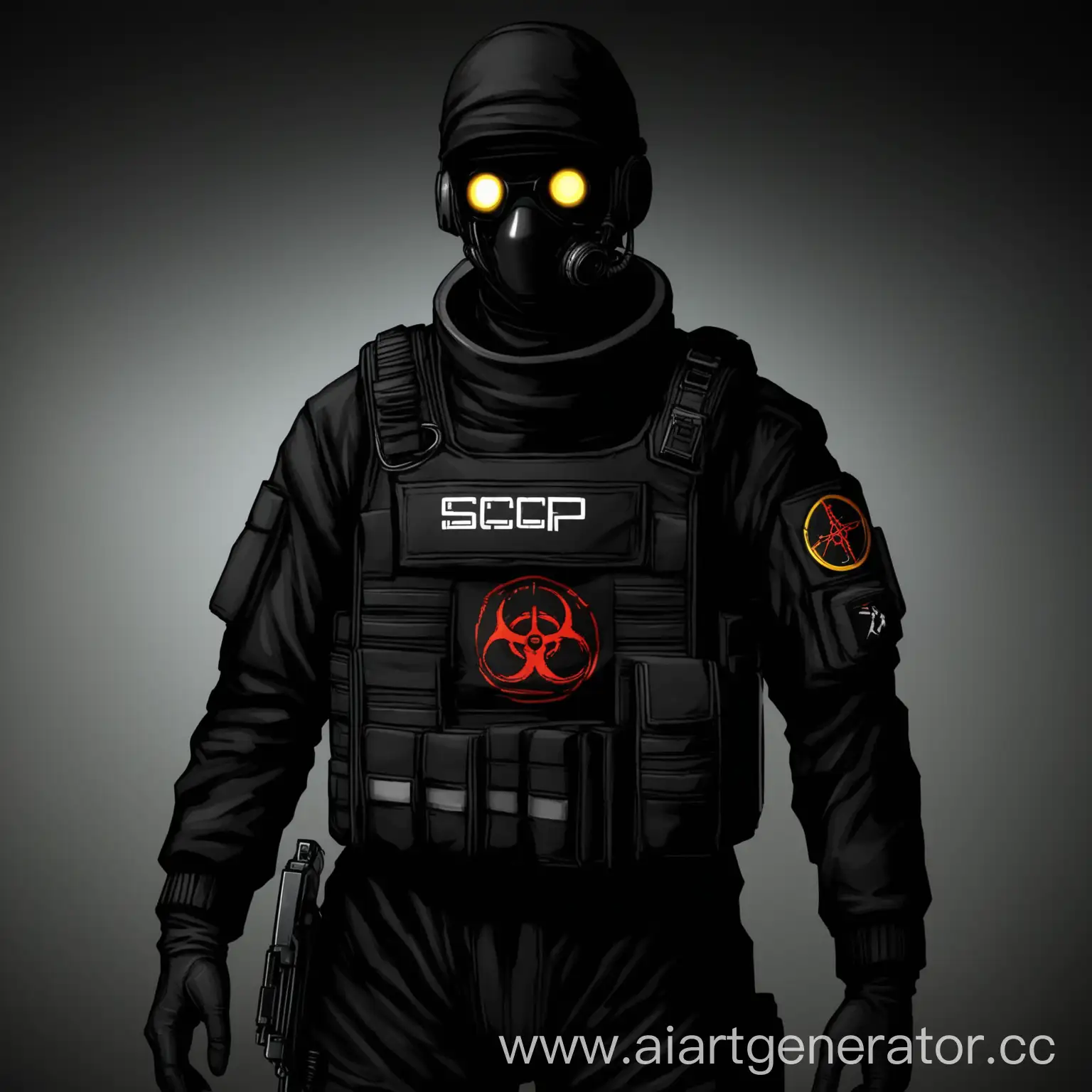 оперативник в черной форме  с шефроном на груди  фонд scp команда проекта