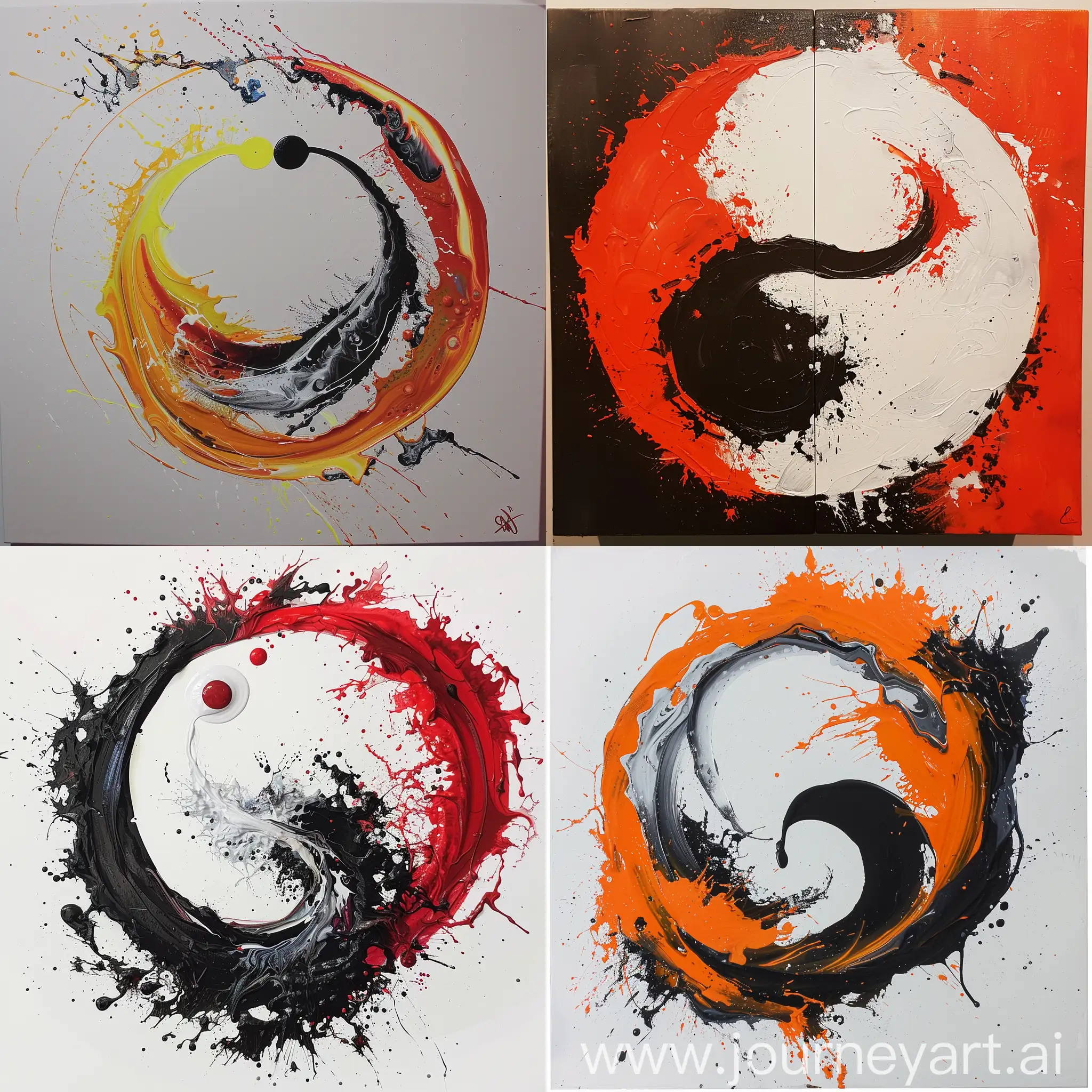2 colours combine with a splash in the middle, like a yin yang. 2 Solid colours only, at a 45 degree rotation