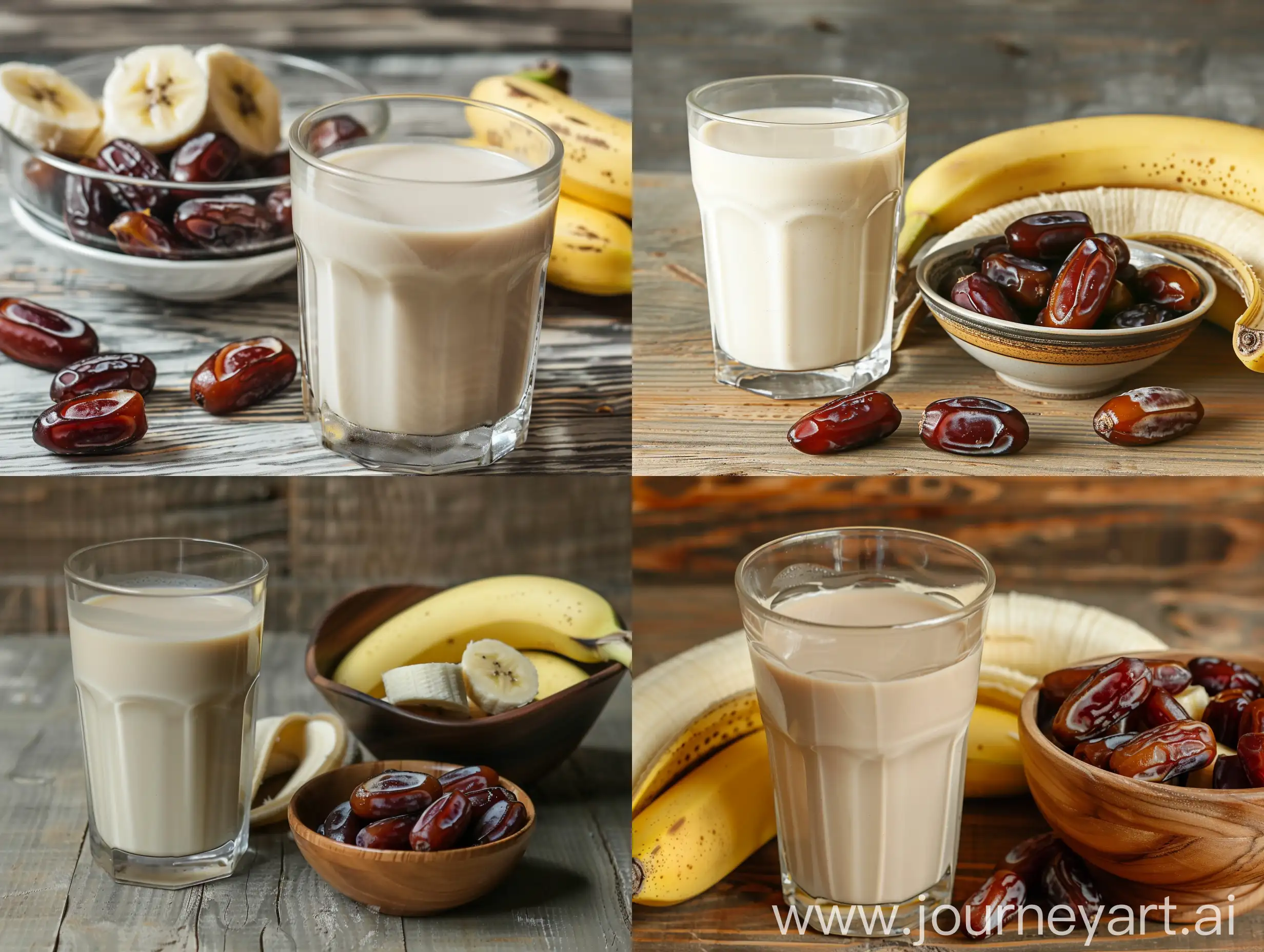 Real photo of a glass of banana milk and dates next to a bowl of bananas and dates on a wooden table