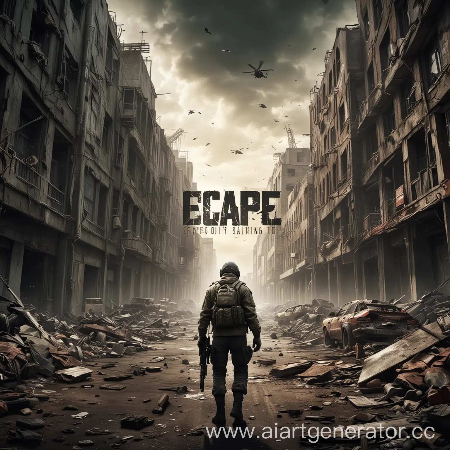 Создайте высококачественный постер для игры Escape from Tarkov. На постере должно быть выделено название игры "Escape from Tarkov" жирным шрифтом, а также слоган или ключевая фраза, отражающие захватывающий и насыщенный игровой процесс. Фон должен быть выдержан в суровом индустриальном стиле, который задает тон реалистичному игровому процессу, ориентированному на выживание. Включите некоторые визуальные элементы, которые намекают на игровую механику исследования, сбора мусора и ведения боя.
