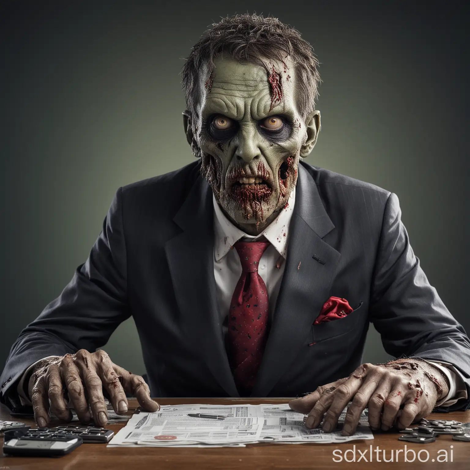 zombie, depicted as an ruthless CEO of a Fortune 500 company, surrealism, Sony FE 70-200mm f/2.8 GM OSS Lens