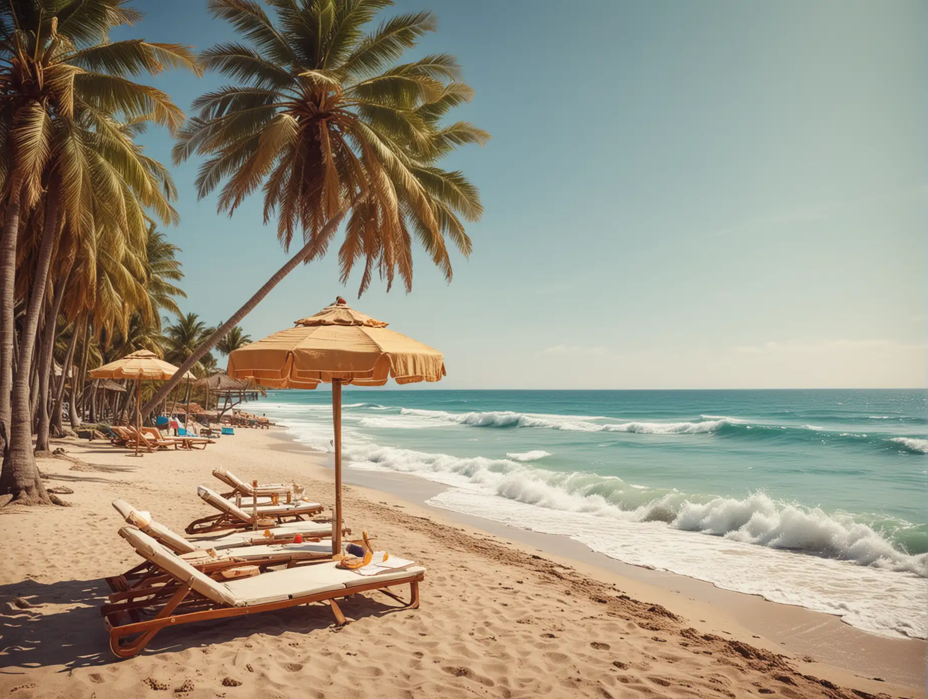 Tropical Beach Scene with Palm Trees Umbrellas and Sea Waves