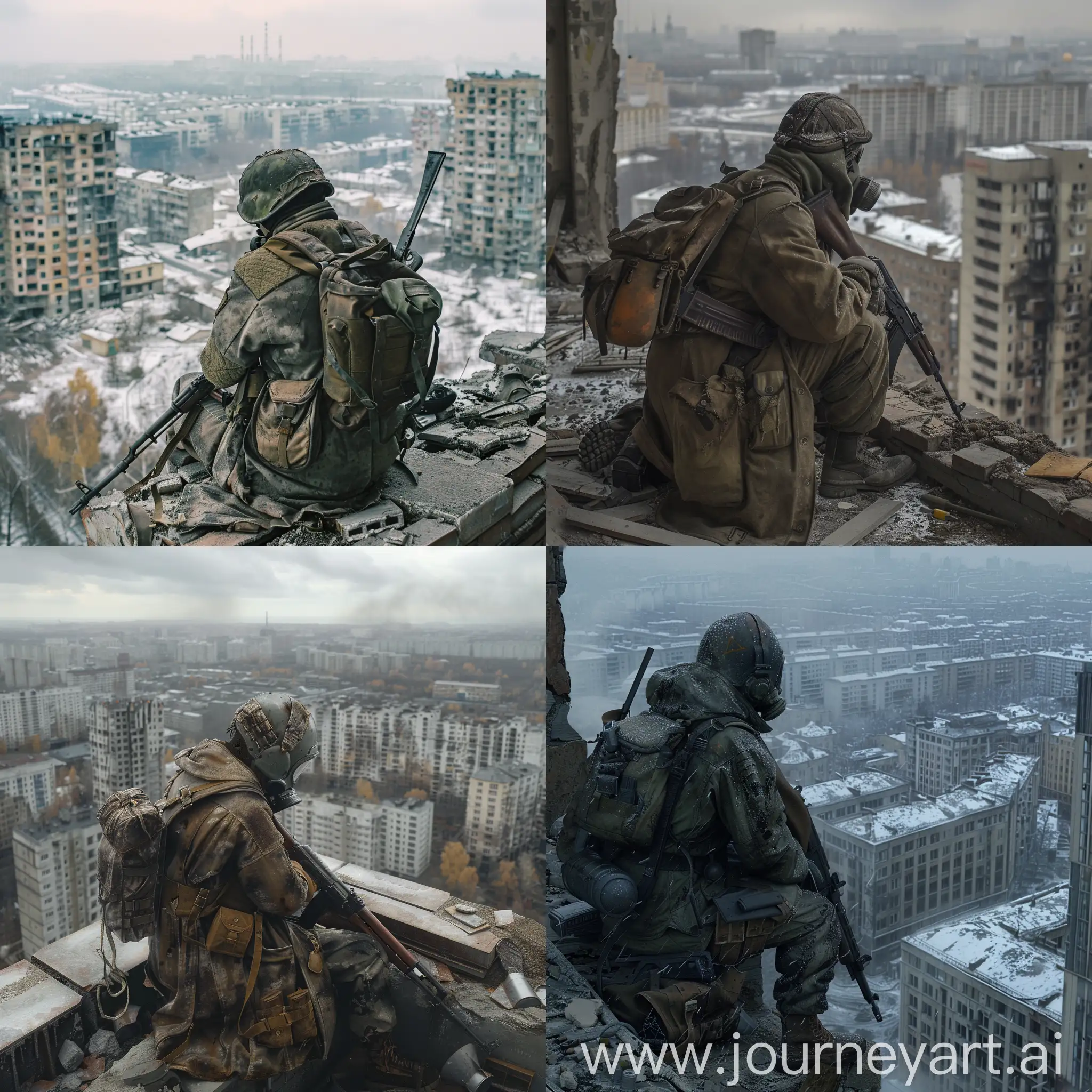 A stalker in a dirty and torn Soviet overcoat, in a Soviet helmet and gas mask, also in a bulletproof vest, with a Mosin sniper rifle in his hands, with a small backpack on his back, a stalker sits on the roof of a destroyed high-rise building, from this high-rise building there is a view of the destroyed and radioactive Moscow, destroyed buildings, etc., where large craters from explosions, the weather is a gloomy autumn with snow that has not yet melted and radioactive clouds.