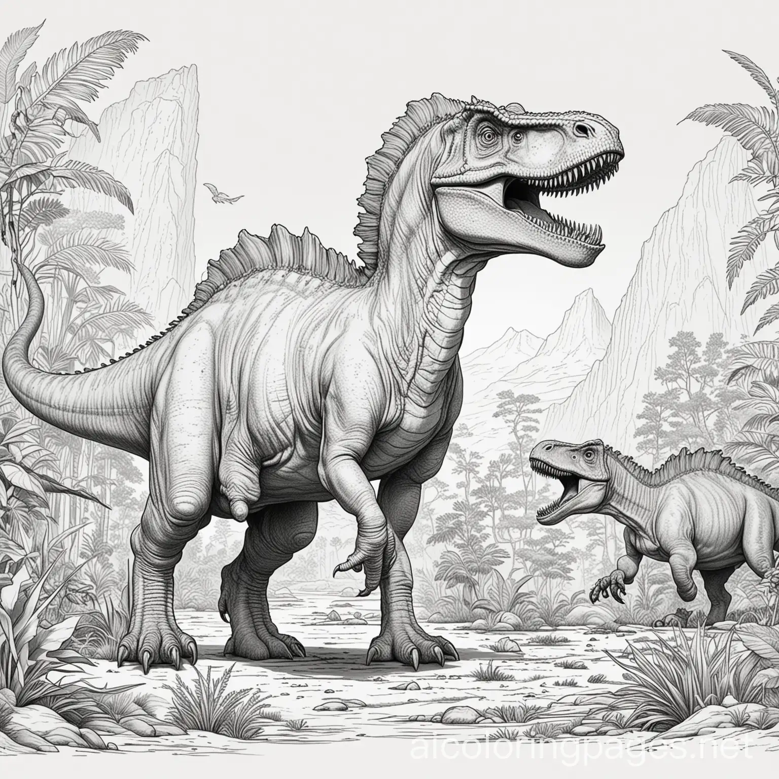 Go back in time to the age of dinosaurs. What colors would you use to bring these ancient creatures and their environment to life?, Coloring Page, black and white, line art, white background, Simplicity, Ample White Space. The background of the coloring page is plain white to make it easy for young children to color within the lines. The outlines of all the subjects are easy to distinguish, making it simple for kids to color without too much difficulty