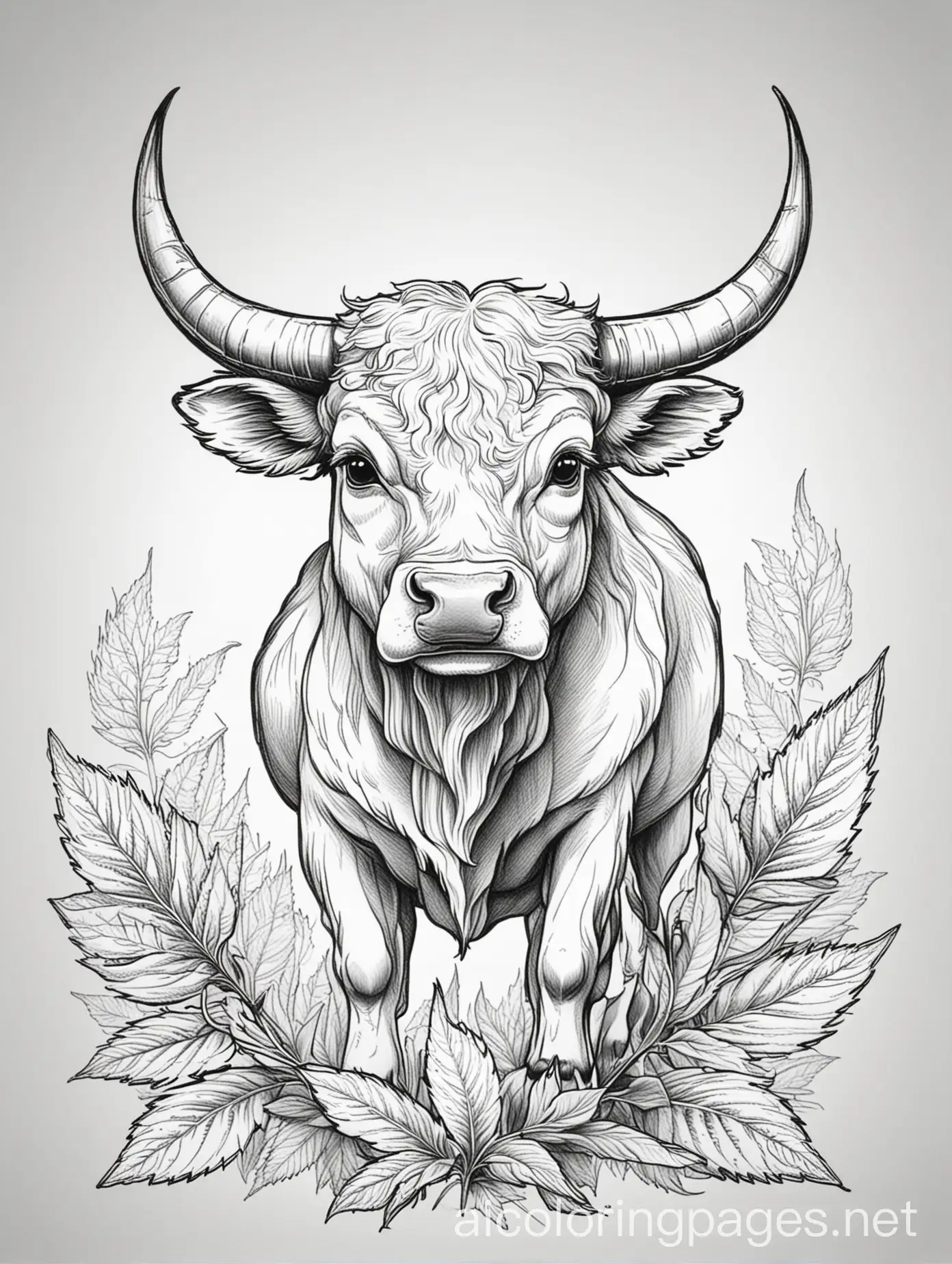 Fantasy-Bull-Cannabis-Coloring-Page-Simplistic-Black-and-White-Line-Art-on-White-Background