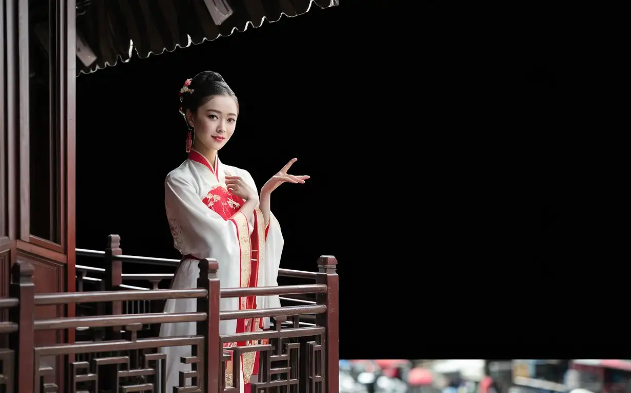 一位中國美麗年輕女子在2樓的餐廳向著街上的人  背景黑色