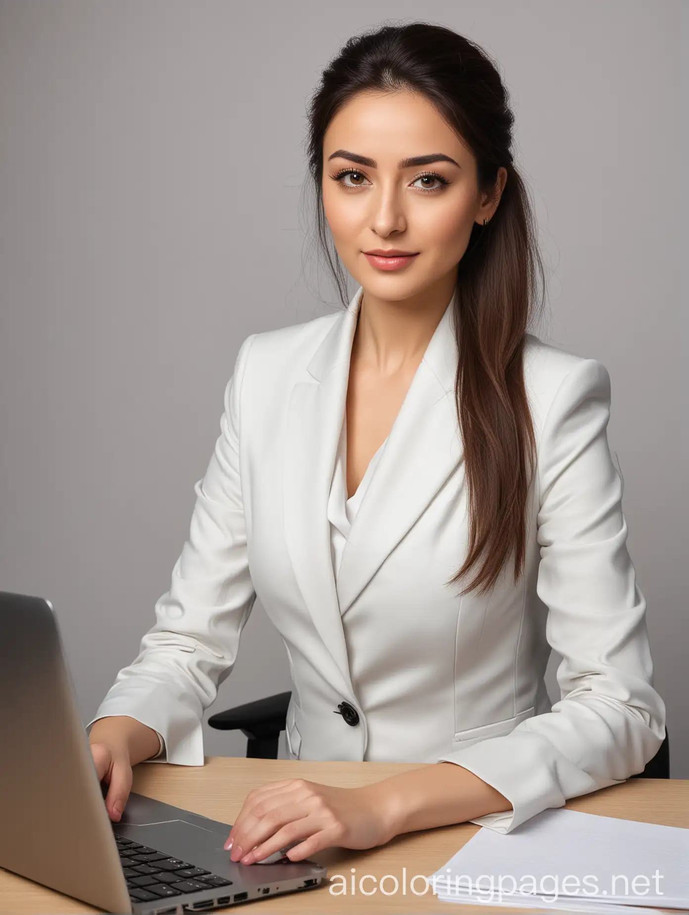 woman sitting at a desk with a laptop and a notebook, professional profile picture, amazing professional picture, kurdish lawyer, business woman, professional picture, detailed professional photo, dilraba dilmurat, portait photo profile picture, young business woman, professional portrait, female lawyer, in a business suit, well lit professional photo, girl in suit, girl in a suit, Coloring Page, black and white, line art, white background, Simplicity, Ample White Space