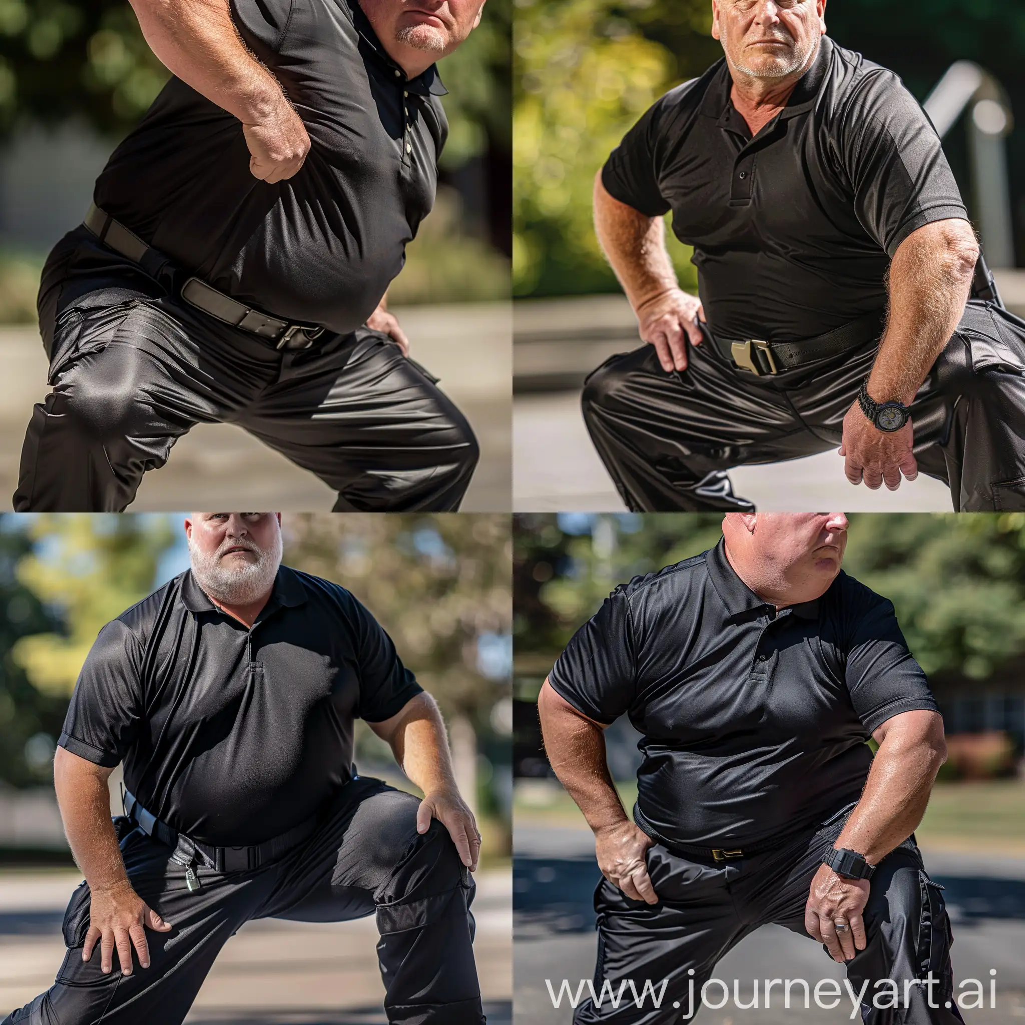 Close-up photo of a fat man aged 70 wearing silk black security guard battle pants and a tucked in black silk sport polo shirt. Tactical belt. Swaggering out with one knee on the ground. Outside. Natural light. Bald. Clean Shaven. --style raw --ar 1:1