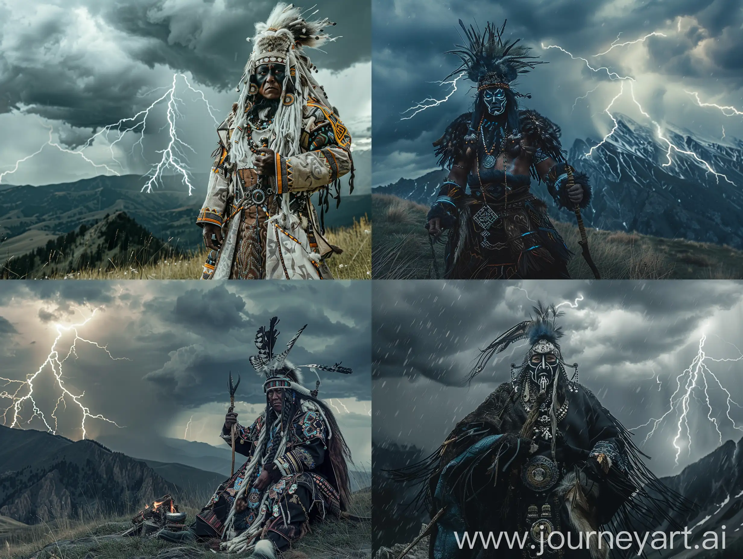 An evil dark mongolian shaman in his full shamanic outfit, has summoned a big storm with a lot of thunder in the mountains