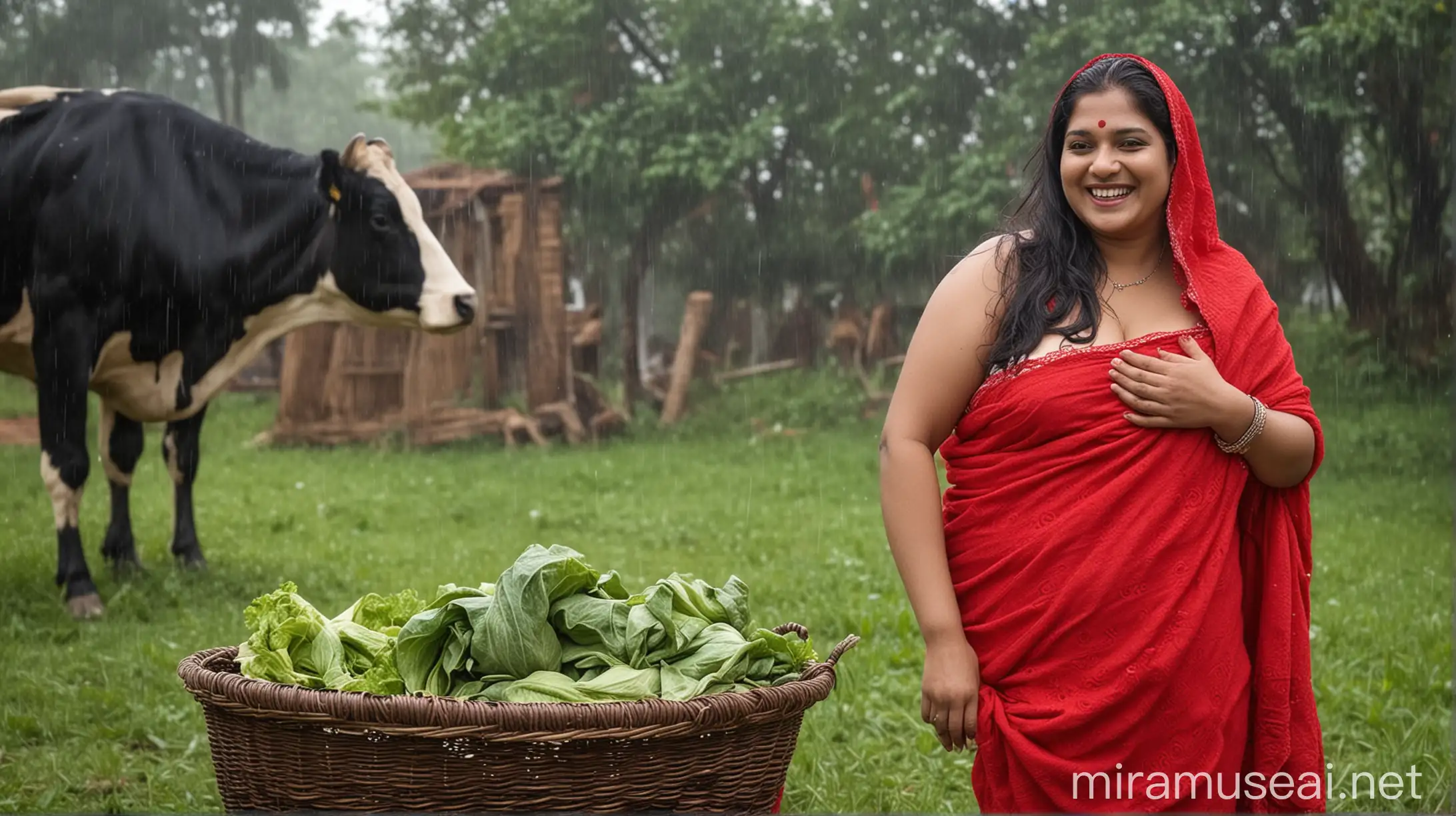 desi mature   very fat aunty 47 years old  fat and wearing sindur, and magalsutra  and wearing a big neck lace  . she has curvy muscular figure with big belly.  and she is happy and smiling and laughing and standing near a cow     . she is wearing a red bath towel, she has long thick hair.    its raining . she is standing holding a basket of vegetables.
