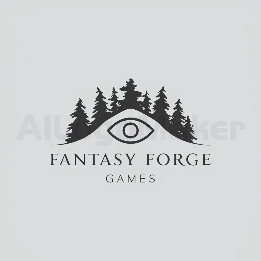 a logo design,with the text "Fantasy Forge Games", main symbol:A central symbol resembling an eye symbolizing observation, vision, mysticism - Stylized silhouettes of trees are depicted behind the main element, creating a forest atmosphere - The inscription 'Fantasy Forge Games' is made in the same elegant font,Minimalistic,clear background
