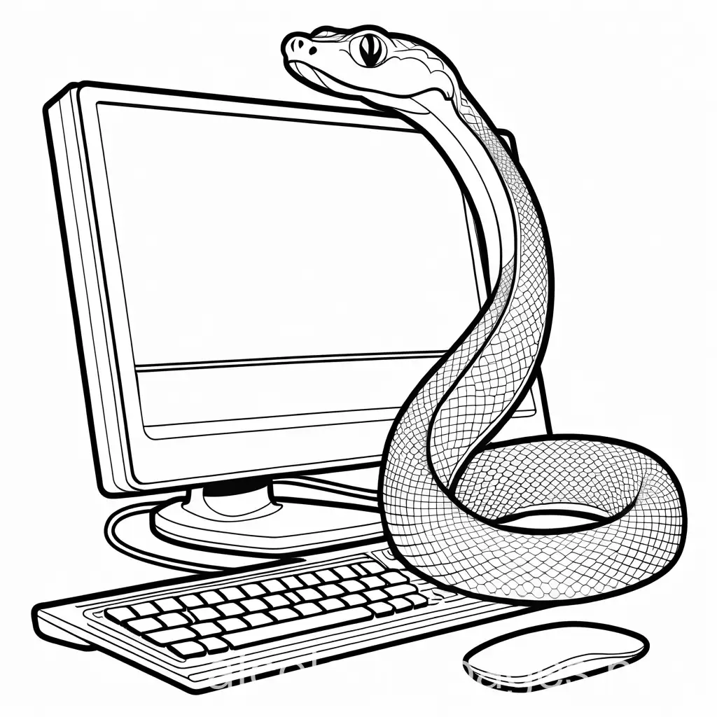 a snake with a tie behind a computer, Coloring Page, black and white, line art, white background, Simplicity, Ample White Space. The background of the coloring page is plain white to make it easy for young children to color within the lines. The outlines of all the subjects are easy to distinguish, making it simple for kids to color without too much difficulty