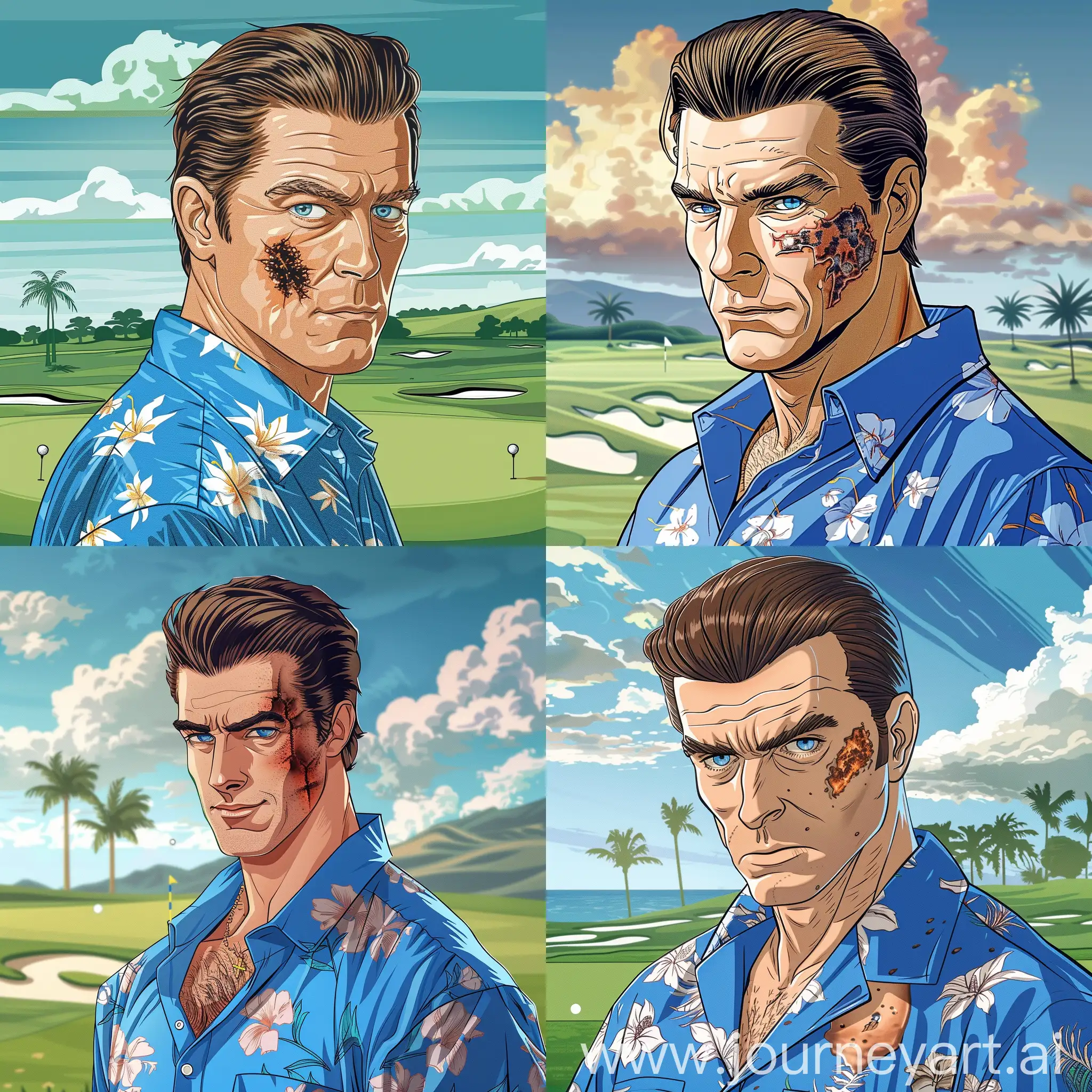 Итальянский мужчина, в синей гавайской рубашке, на правой части лица большой шрам от ожога, коричневые волосы, зализанные назад, голубые глаза, сзади поле для гольфа, в нарисованном стиле