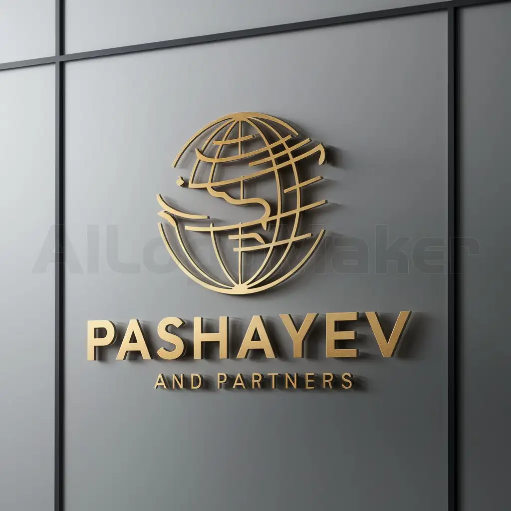 a logo design,with the text "pashayev and partners", main symbol:logo of international legal company Pashayev and Partners on which is depicted the world with lines symbols of jurisprudence and all in golden color,Minimalistic,be used in Legal industry,clear background