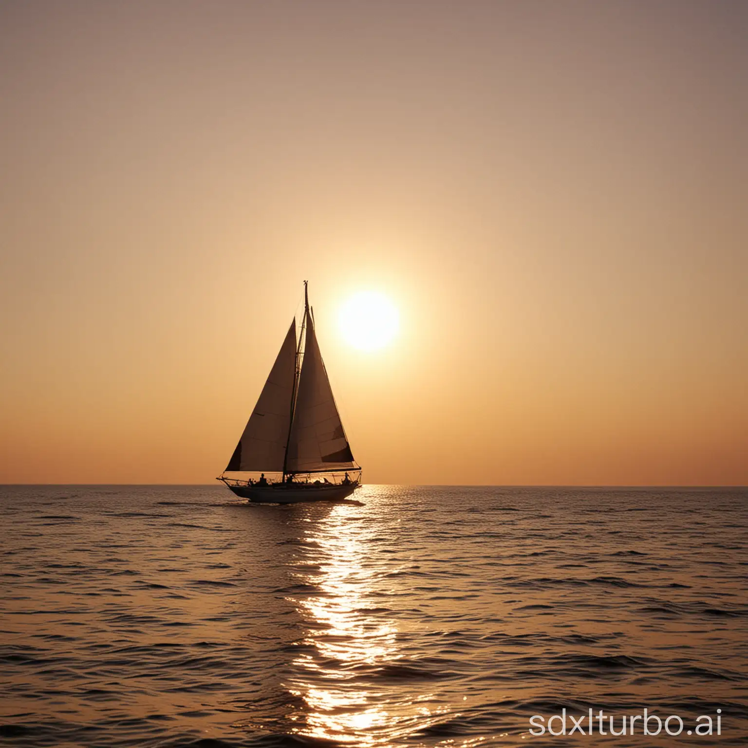 a sailboat that is moving away on the sea at sunset