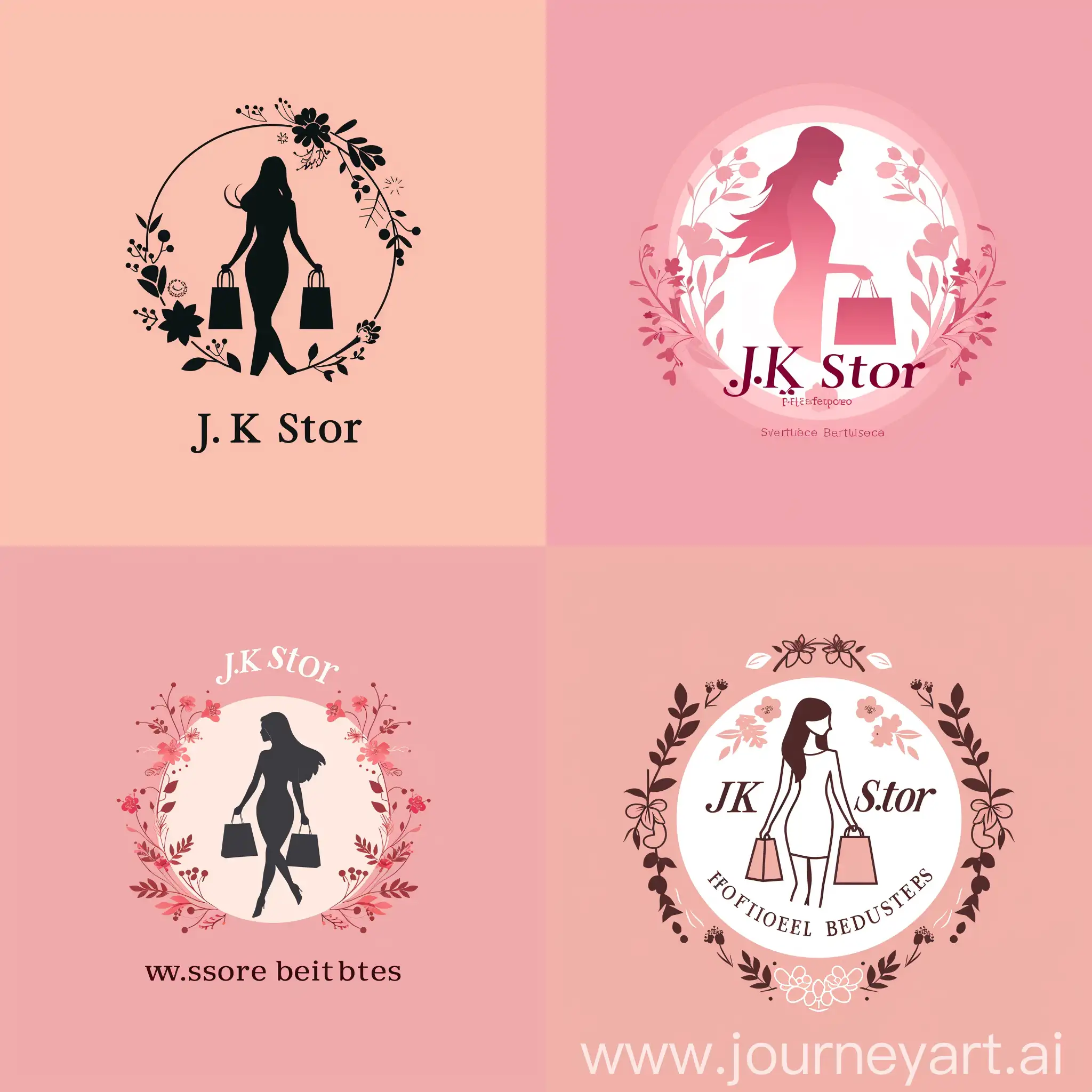 Elegant-Woman-with-Shopping-Bags-Surrounded-by-Flowers-JK-Stor-Boutique-Logo-Design