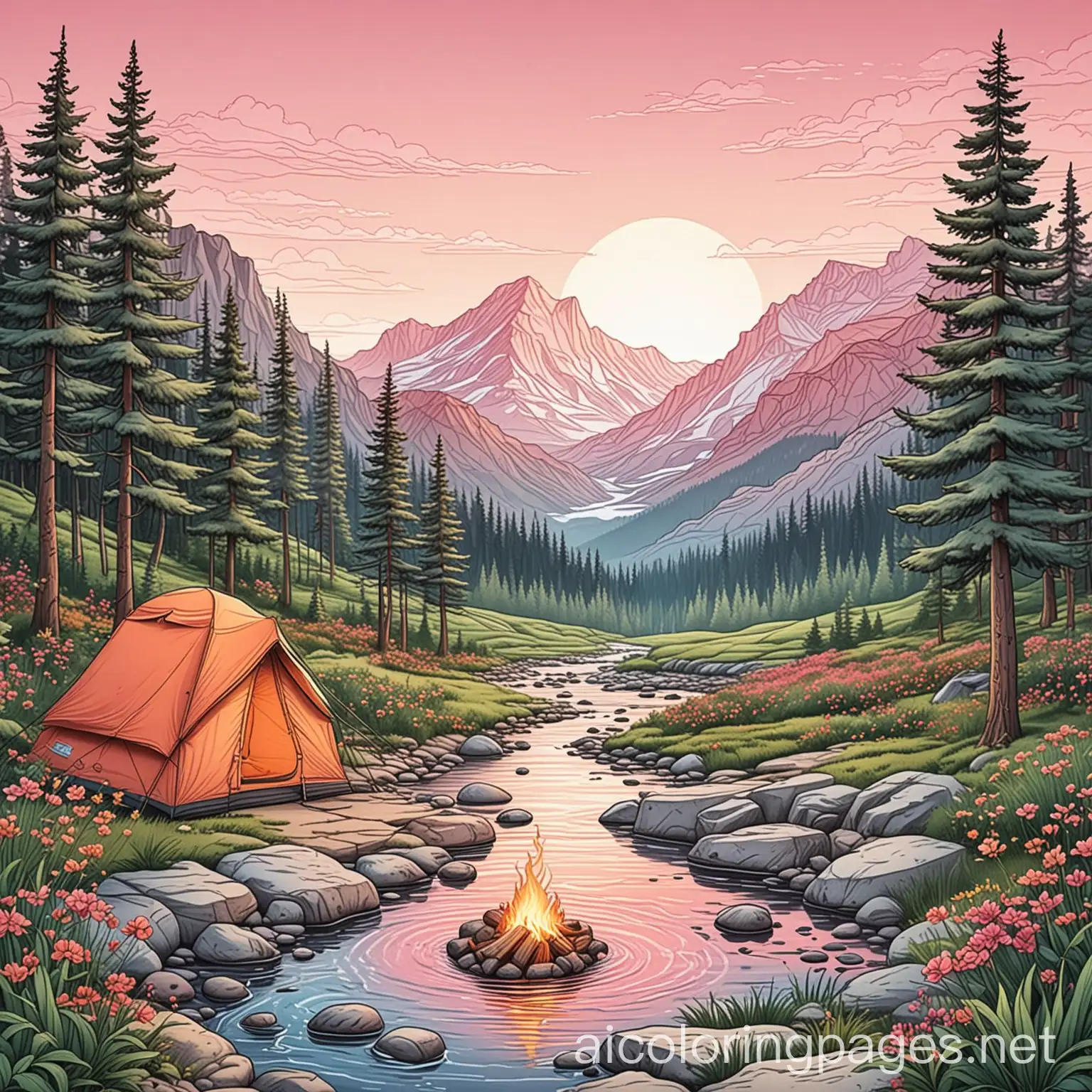 A stunning monoline illustration of a peaceful mountain morning camping scene. The cozy tent is pitched near a babbling brook, with a campfire nearby. The picturesque mountain range in the distance is bathed in warm oranges and pinks, capturing the essence of a vibrant morning sky. The overall design is perfect for t-shirts, stickers, or any other printing needs, highlighting the essence of outdoor adventure and tranquility., Coloring Page, black and white, line art, white background, Simplicity, Ample White Space. The background of the coloring page is plain white to make it easy for young children to color within the lines. The outlines of all the subjects are easy to distinguish, making it simple for kids to color without too much difficulty