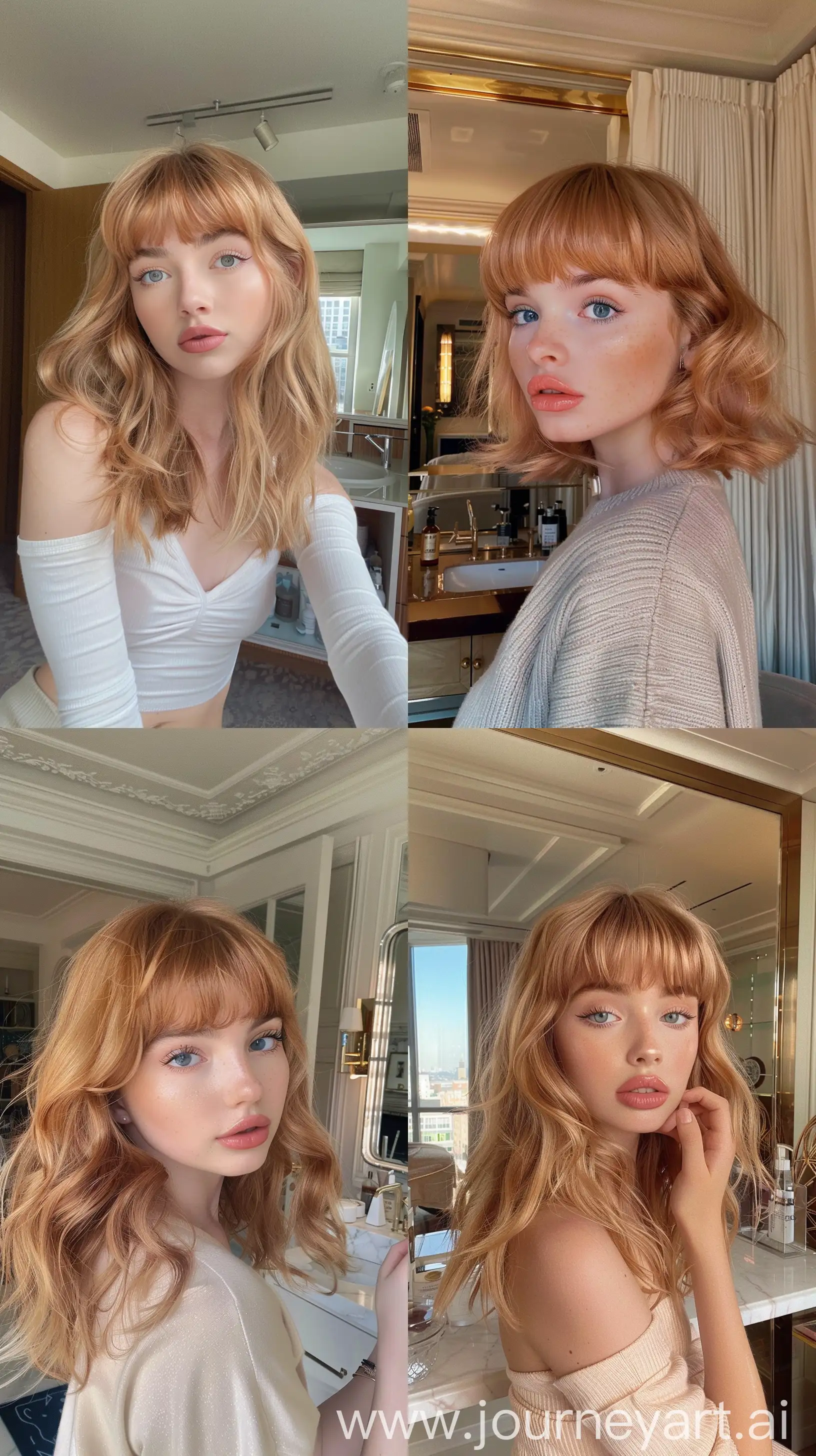 Aesthetic Instagram selfie of Haley Kalil's little sister, teenage influencer, pretty, super cute model face, strawberry blonde hair, bangs, full hair, in fancy New York apartment, bushy thick eyebrows, wide set, at vanity, profile throw face away in room --ar 9:16