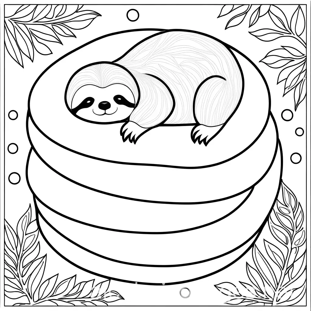 sloth sleeping on a donut coloring page. no colors, only the outline. black and white only , Coloring Page, black and white, line art, white background, Simplicity, Ample White Space. The background of the coloring page is plain white to make it easy for young children to color within the lines. The outlines of all the subjects are easy to distinguish, making it simple for kids to color without too much difficulty