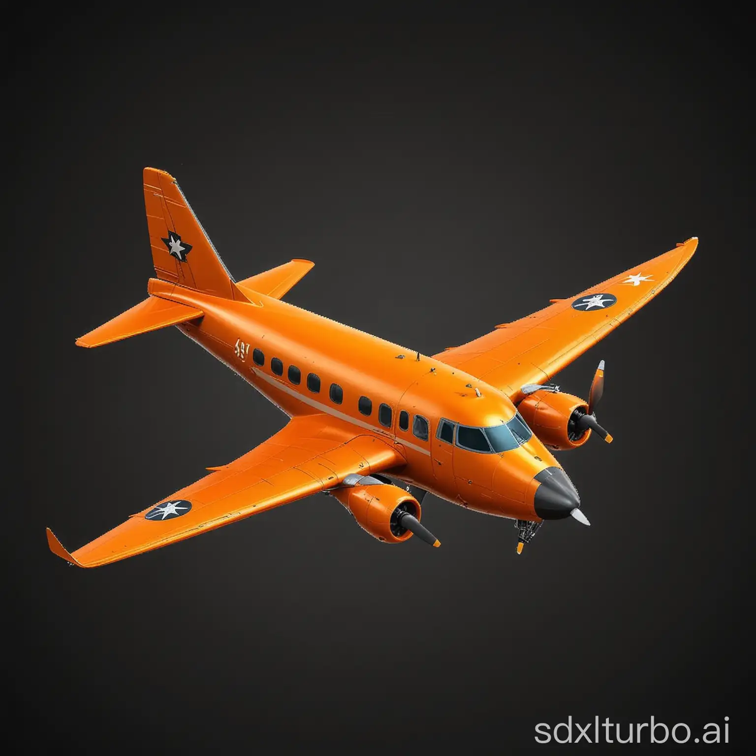 Create an image about an orange color airplane cartoon style isolated on black background, game art style