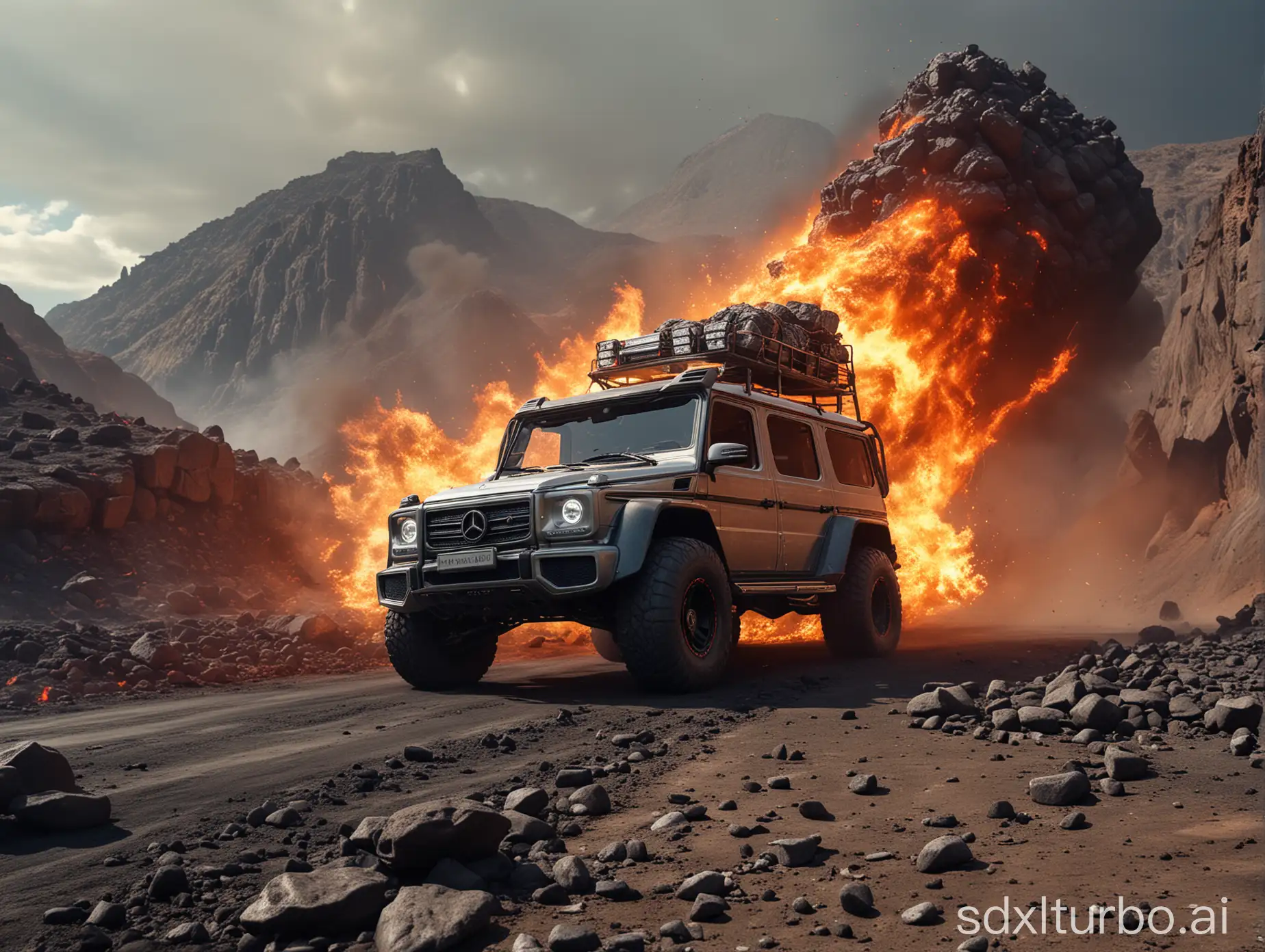 The 500-meter fire unicorn beast rushed out, and the magma chased the future Mercedes-Benz G. Referring to "Clash of the Titans", the future Mercedes-Benz G is speeding ahead, textured stones, cracks in the ground, lava spewing, tires spinning rapidly, low angle of view, sports atmosphere rendering, large scene, wide angle, Hollywood science fiction style