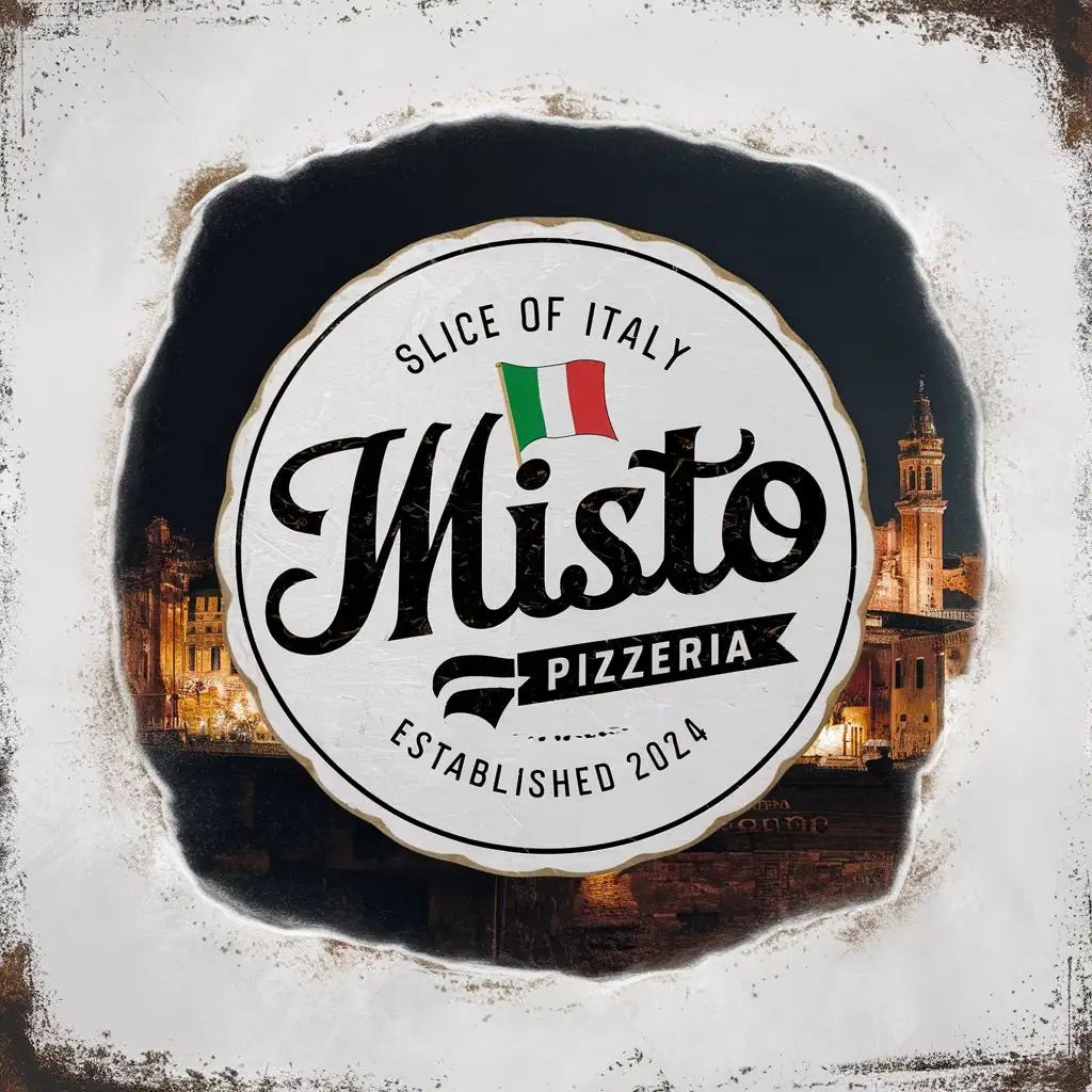 Misto Pizzeria, Minimalist, Emblem, Edge decoration, Italian colors , White Background , EST 2024 , Italy flag , Antique, Fancy, Slogan, Slice of Italy , Sketched Italian City, Dim light, Rustic,