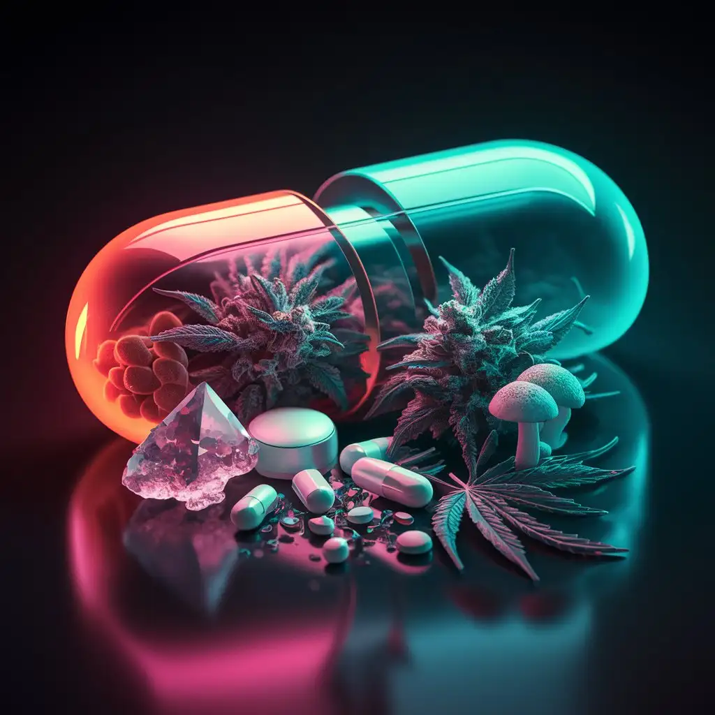 Stylish-Dark-Neon-Capsule-with-Marijuana-Crystals-Tablets-and-Mushrooms