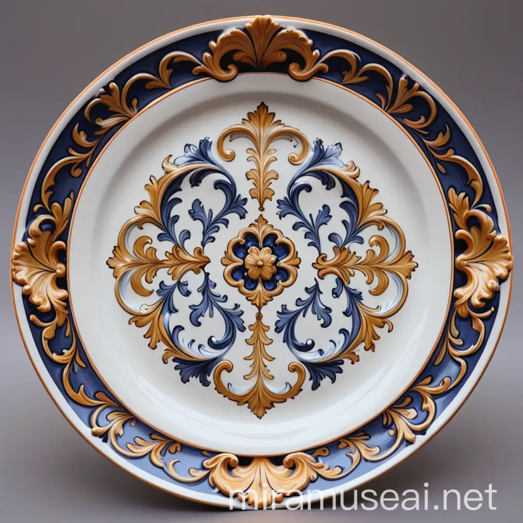 Rococo Ceramic Plate with Ornate Decorative Art