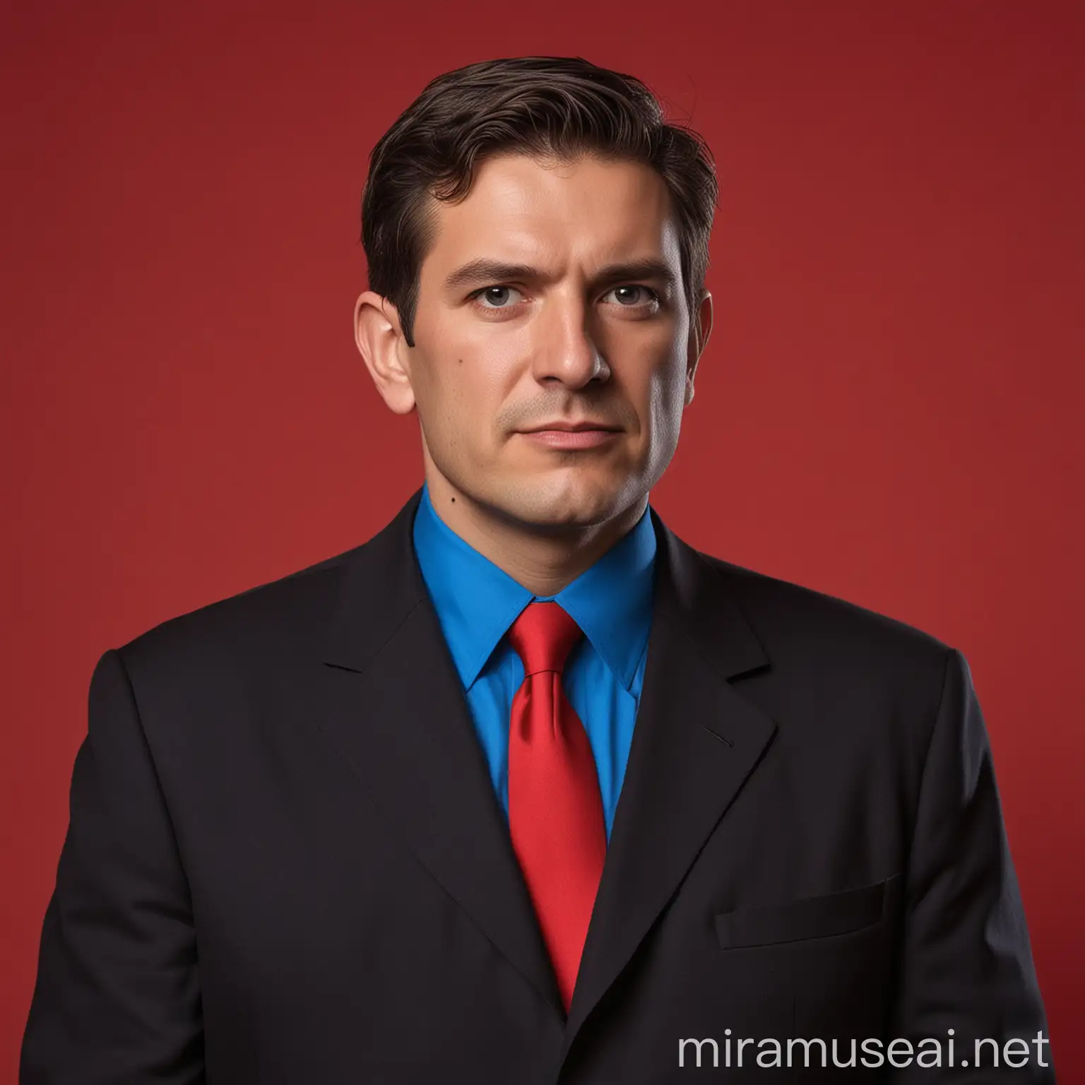 Político socialista con traje negro y camisa azul  con fondo rojo